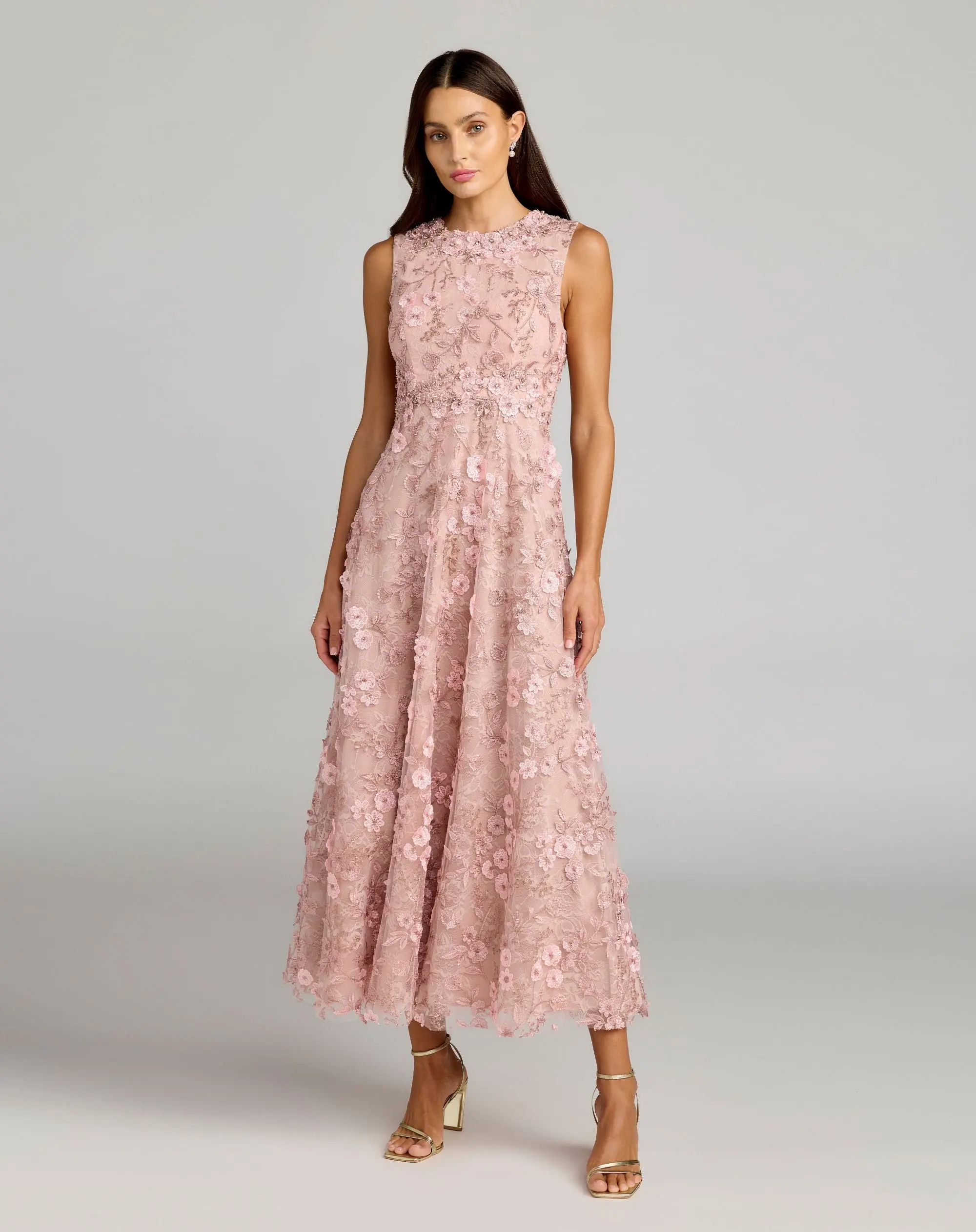 Pink Floral Embroidered High Neck Midi Dress - Special Events Unlimited