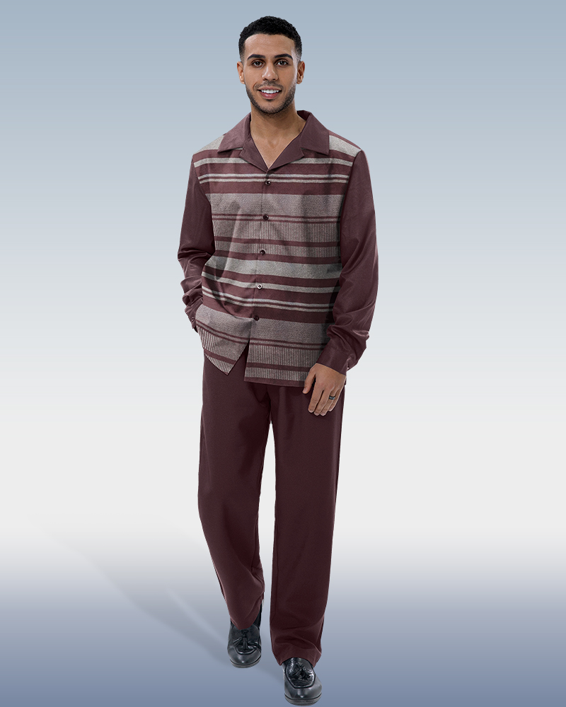 Line Print Casual Long Sleeve Shirt Walking Suit 001