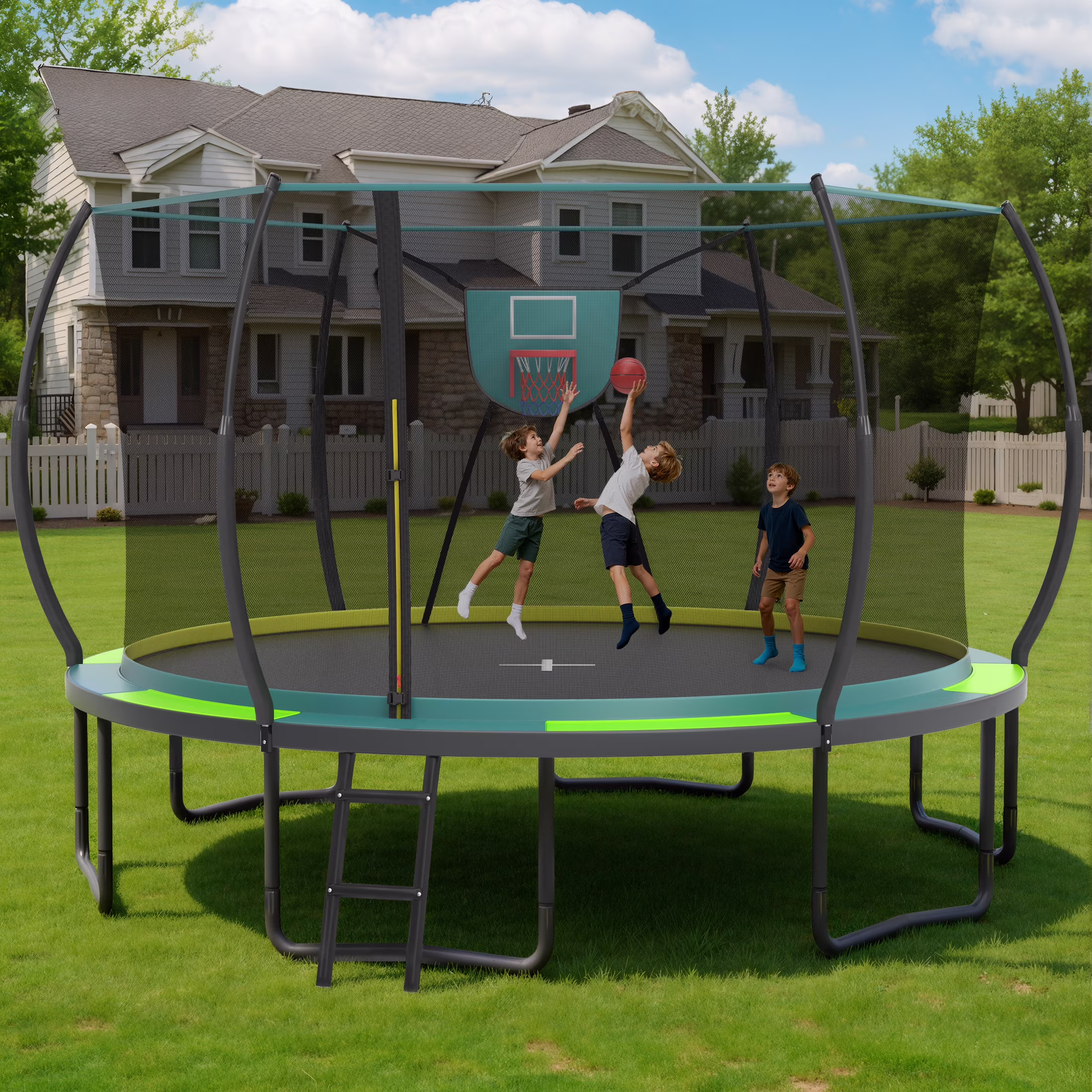 14FT Trampoline with Enclosure for Kids Adults, SEGMART Outdoor Pumpkin Round Recreational Trampoline with No - Gap Design, Heavy Duty Backyard Trampoline with Curved Fiberglass Poles for Indoor Outdoo(12FT-Blue)