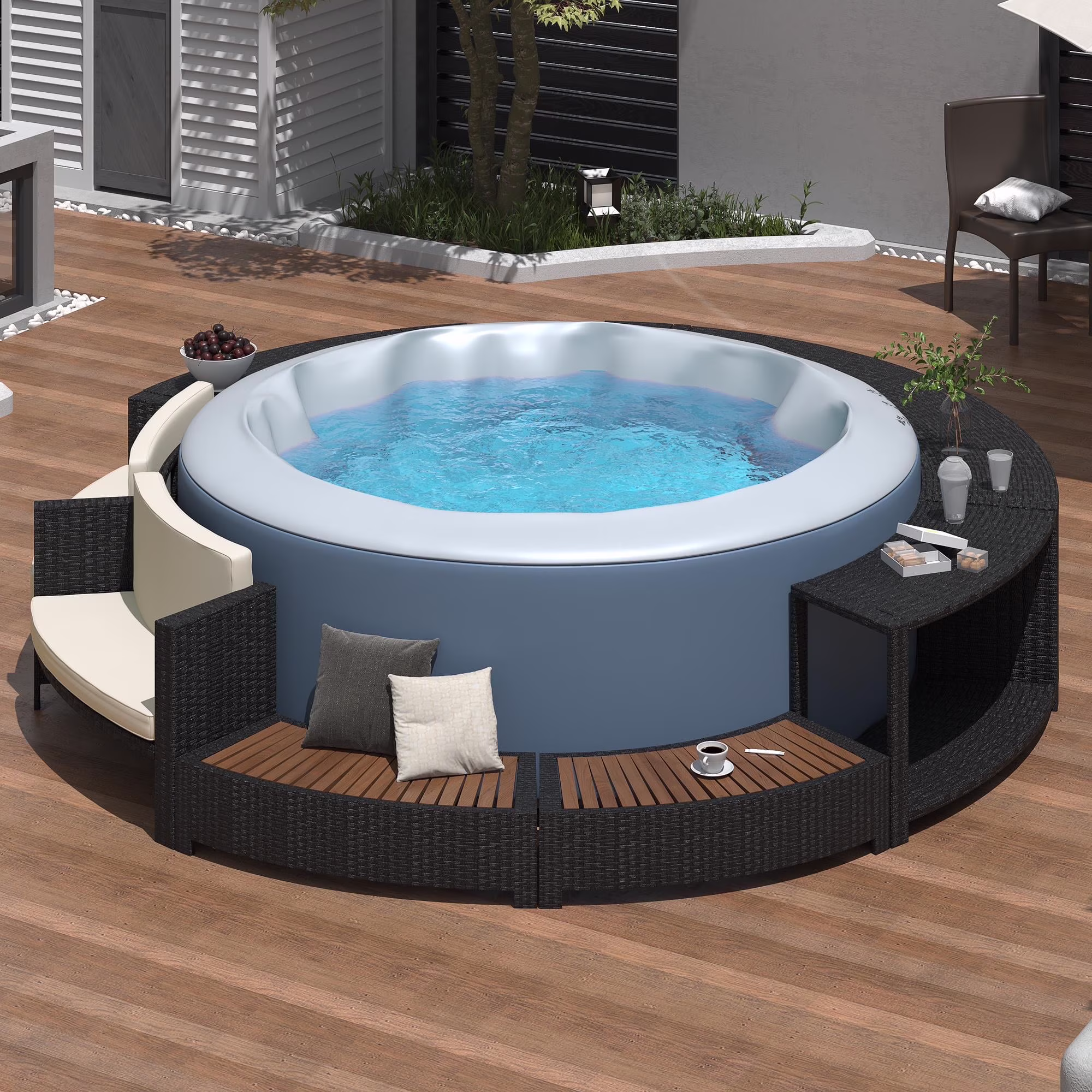 Round Hot Tub Surround Furniture, Spa Surround Outdoor Rattan Sectional Sofa Set with Mini Sofa, Solid Acacia Wood Hot Tub Storage Surround Patio Furniture Set, Gray Cushion - Image 5