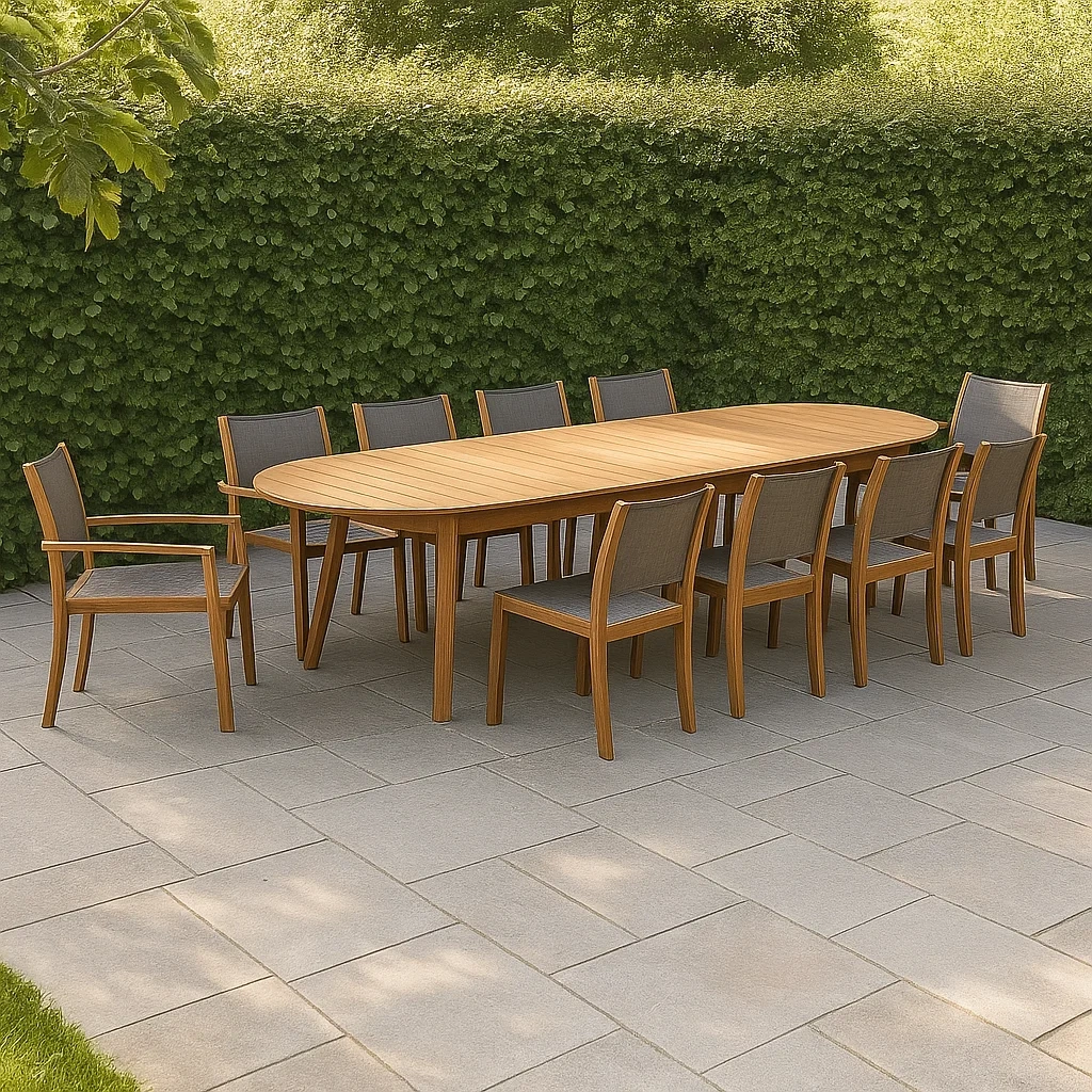 Mesa y sillas de jardín 10 plazas de madera marrón,mesa 350x110x75 cm,sillas 55x60x88 cm,estructura ovalada,con sillas apilables para terraza o patio - niGXufl2e6Hc