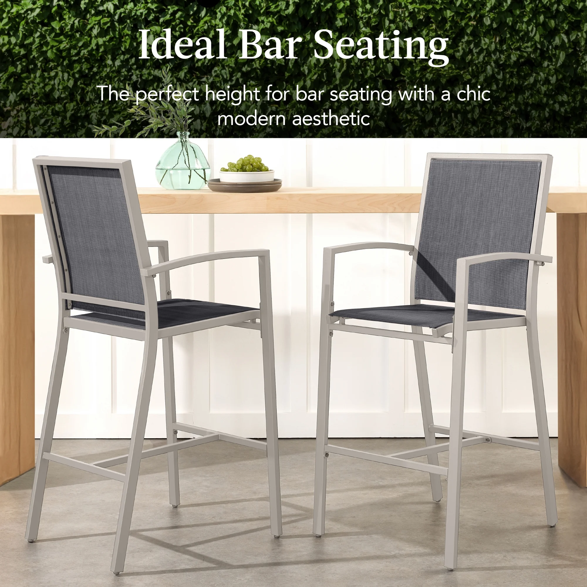 Best Choice Products Outdoor Barstools Set of 2, Bar Height Patio Chairs w/ All-Weather Mesh - Black/Black - Image 44