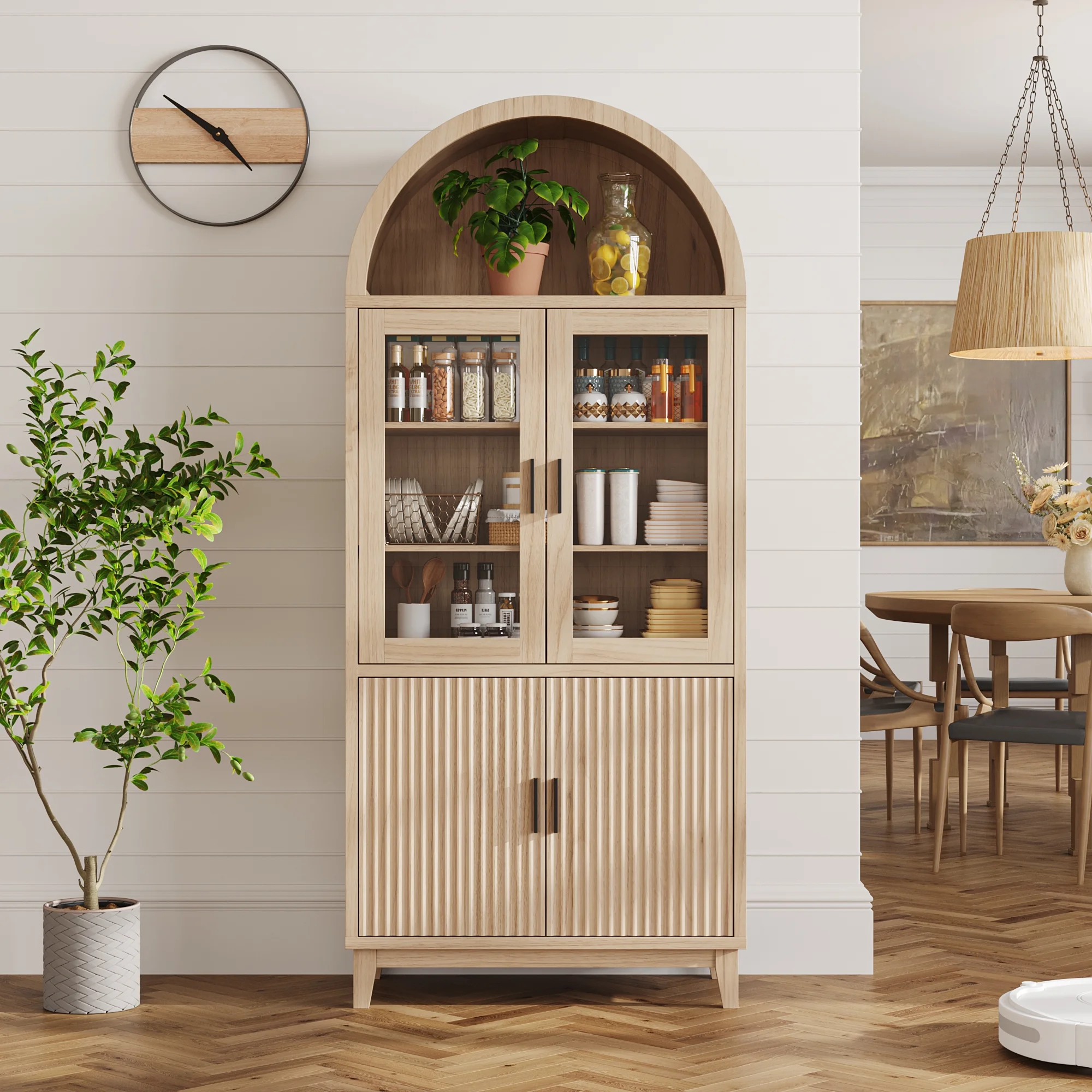 VEANERWOOD 71" Tall Arch Cabinet, Wood Fluted Kitchen Kitchen Storage Cabinet with 4 Doors and 6 Shelves for Dining Room Living Room - Image 21