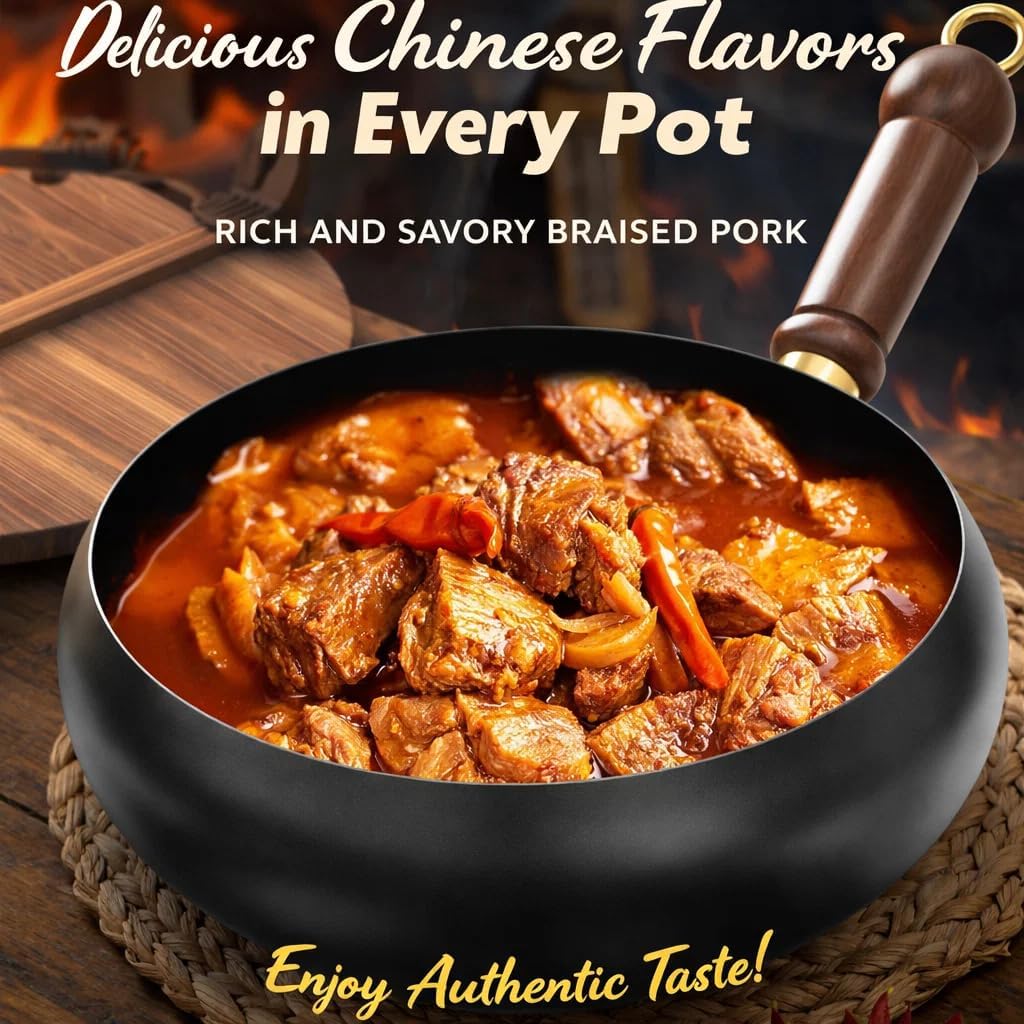 Japanese Cast Iron Wok Pan, Uncoated Thick Cast Iron Wok, Hand Hammered Frying Pot With Wooden Glass Lid (Wooden lid, 7.87in)