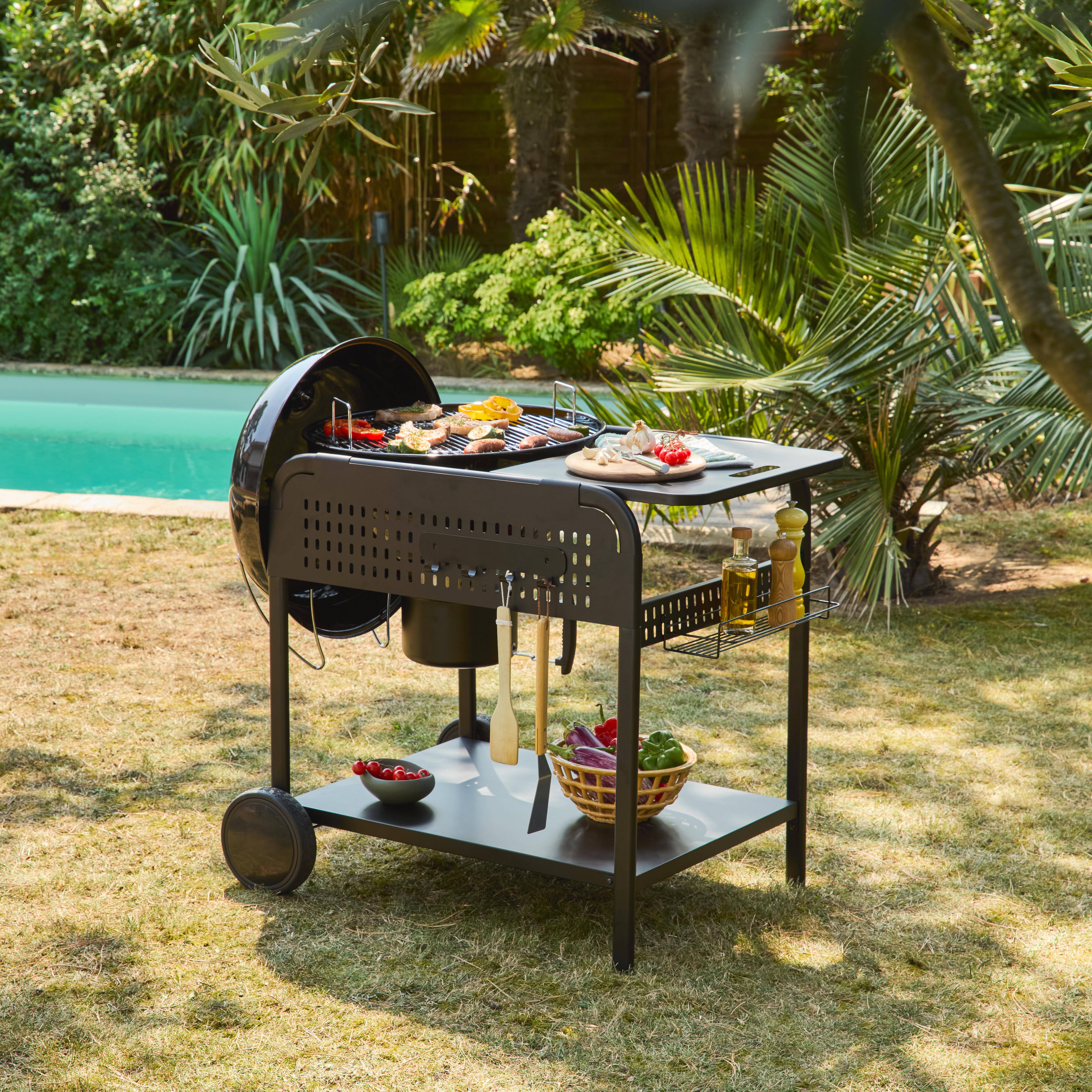 Maurice - Barbacoa redonda de carbón de acero esmaltado con carrito, Ø53cm