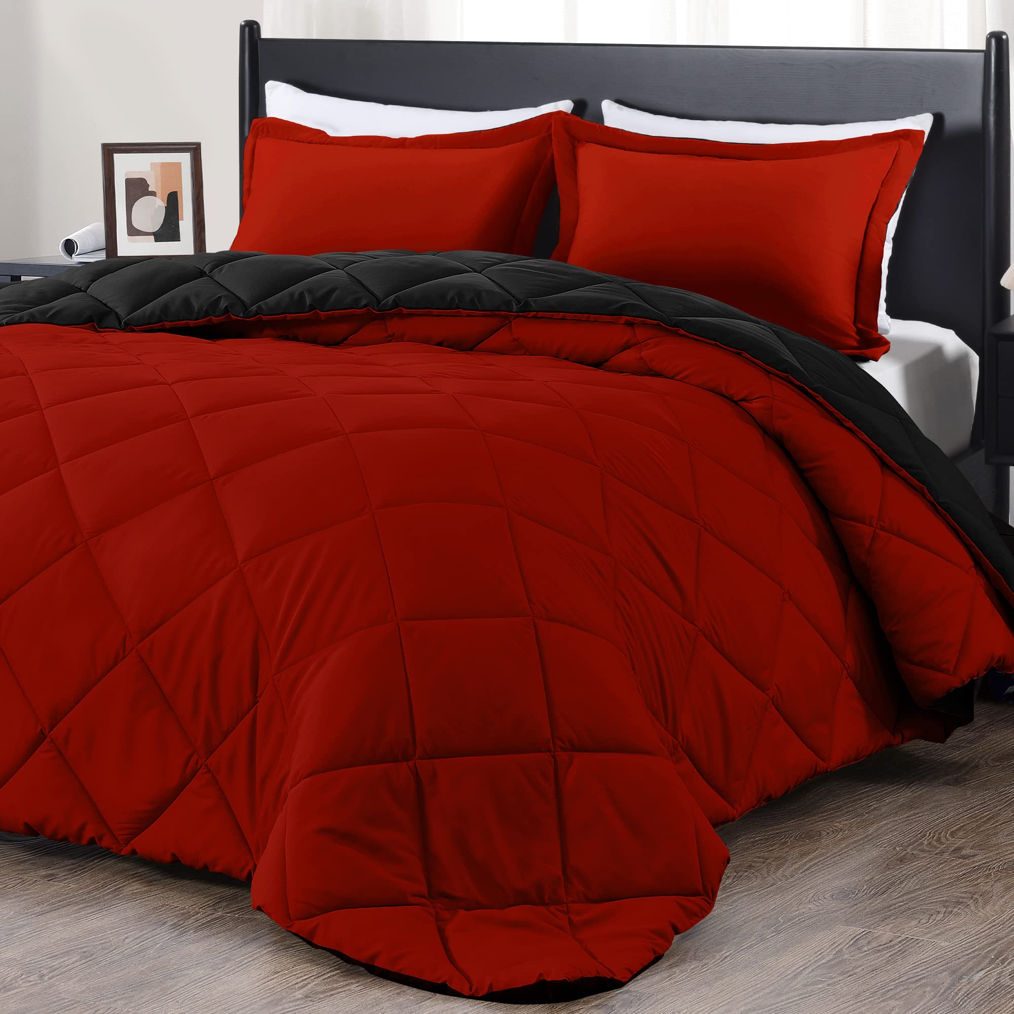 4PCS Comforter Set Reversible 2-Tone Diamond Quilted Bedding Soft Polyester Down Alternative Bed Set