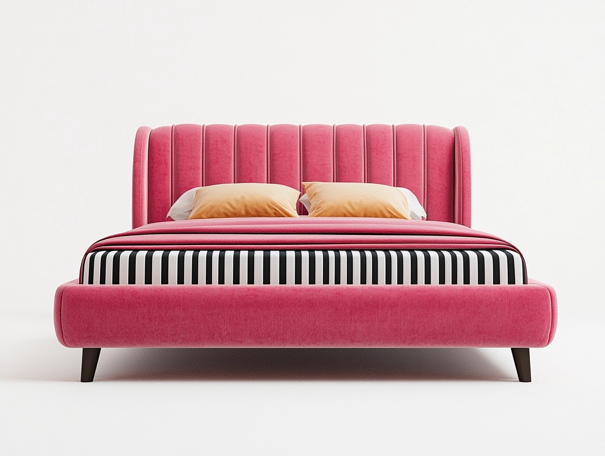 Cama tapizada rosa de terciopelo – diseño retro moderno