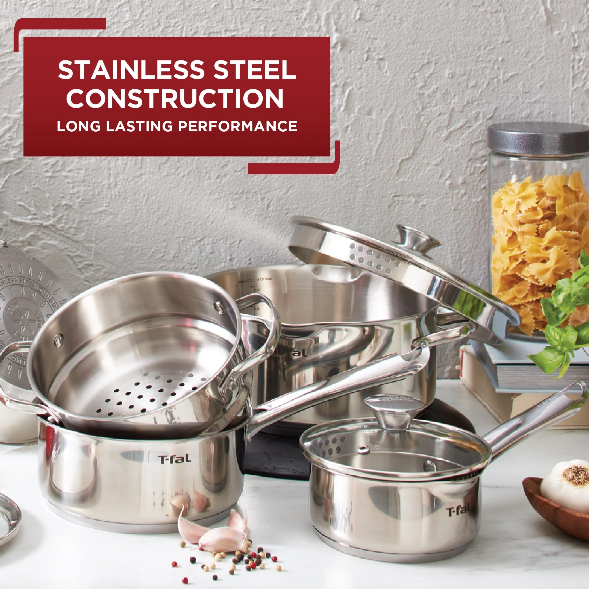 T-fal Cook & Strain Stainless Steel Cookware Set, 14 piece Set - Image 4