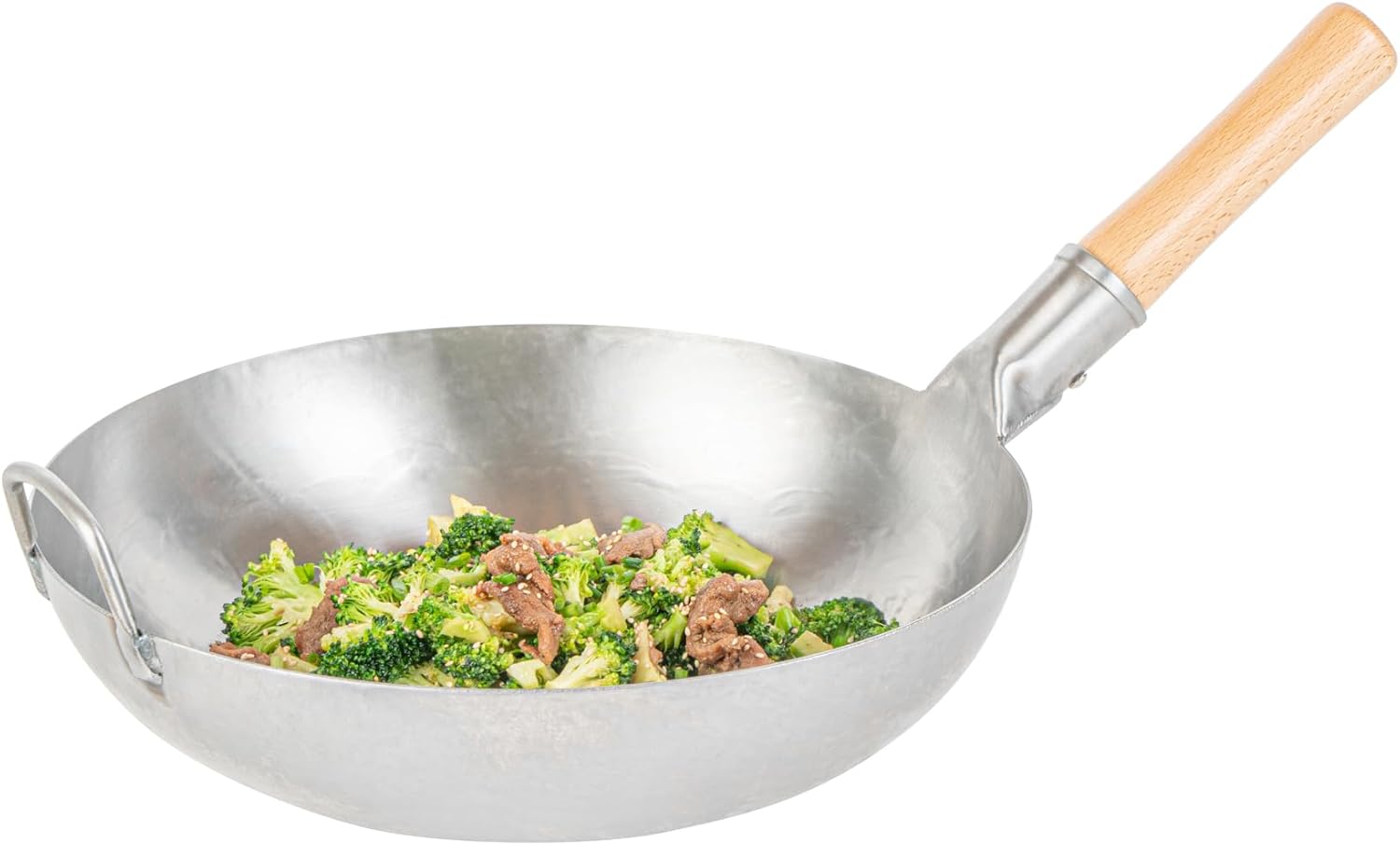 Restaurantware Carbon Steel Wok 1 Pack of 14 Inch Heavy-Duty Stir Fry Pan Silver Hand Hammered Wok Efficient Maneuvering Steel Helper Handle Uniform Heat Distribution Asian Cooking