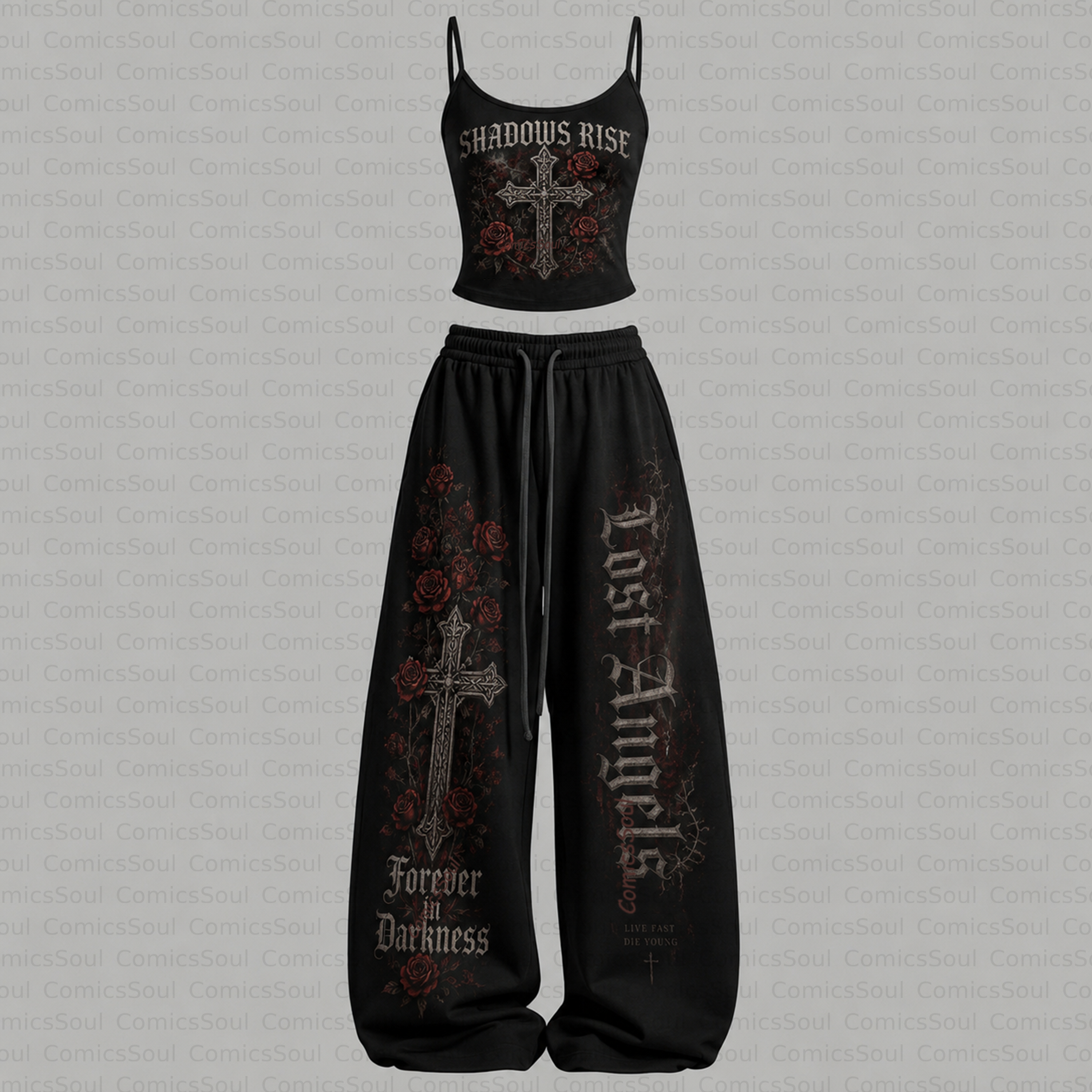 Women's Roses and Crosses Top & Elasticated Trousers Two-Piece Set
