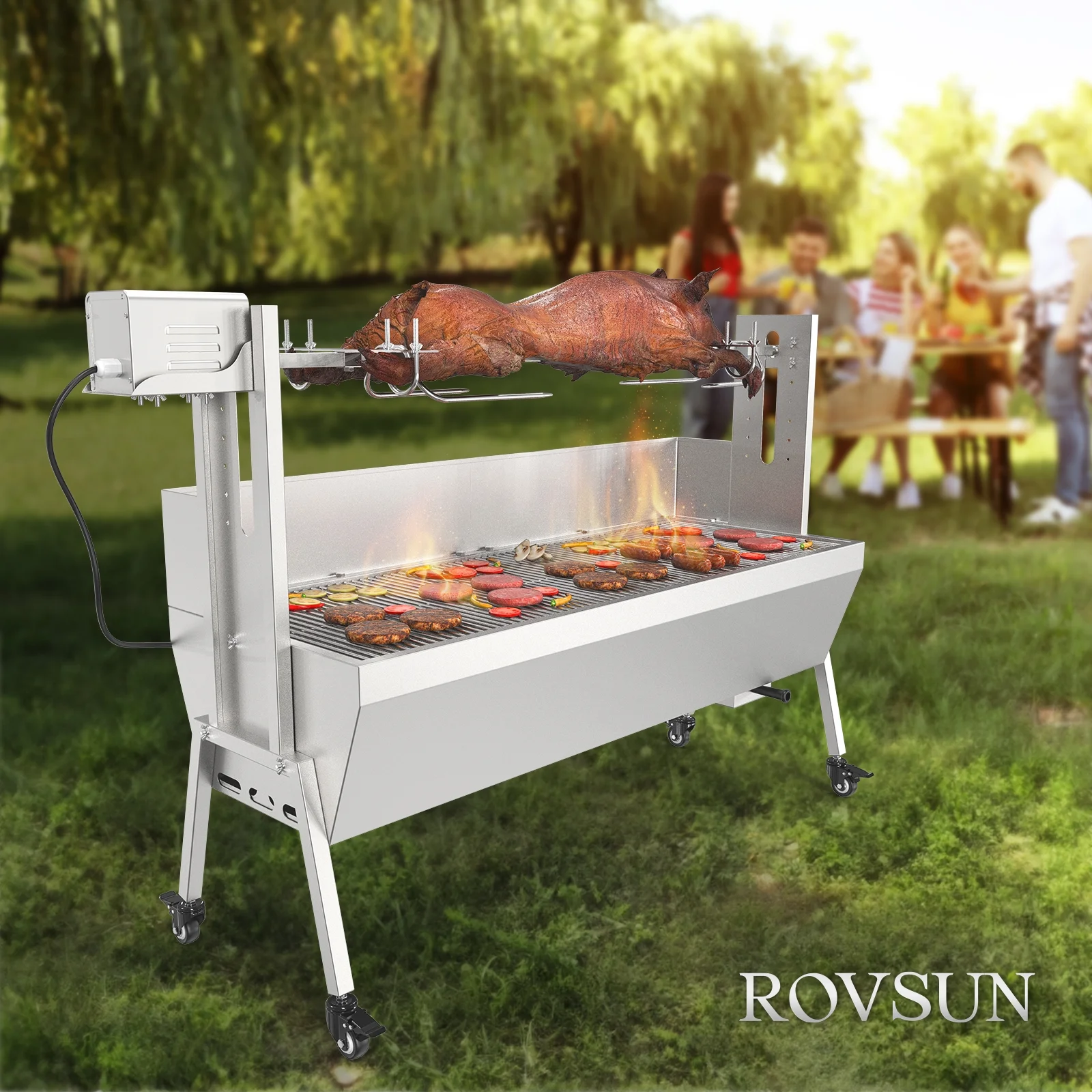 RovSun 46 Electric Rotisserie Grill 176 lbs Capacity 25w Pig Lamb Spit Roaster Rotisserie w/Lockable Wheels Wind Baffle with Adjustable Height - Image 9