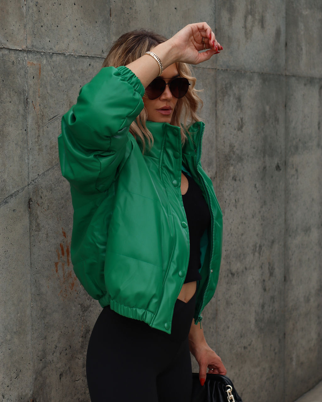 Apres Chic Pocketed Faux Leather Puff Jacket - Kelly Green - Se7enfashion
