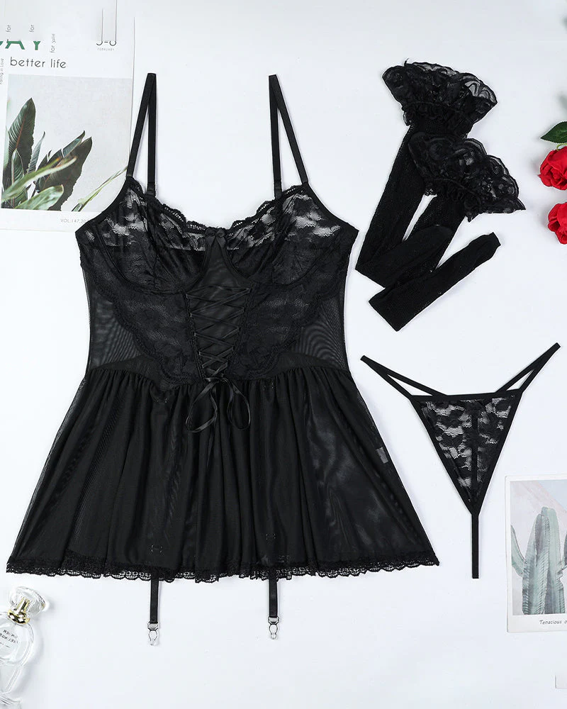 Floral Lace Mesh Babydoll Slip Dress + Stockings
