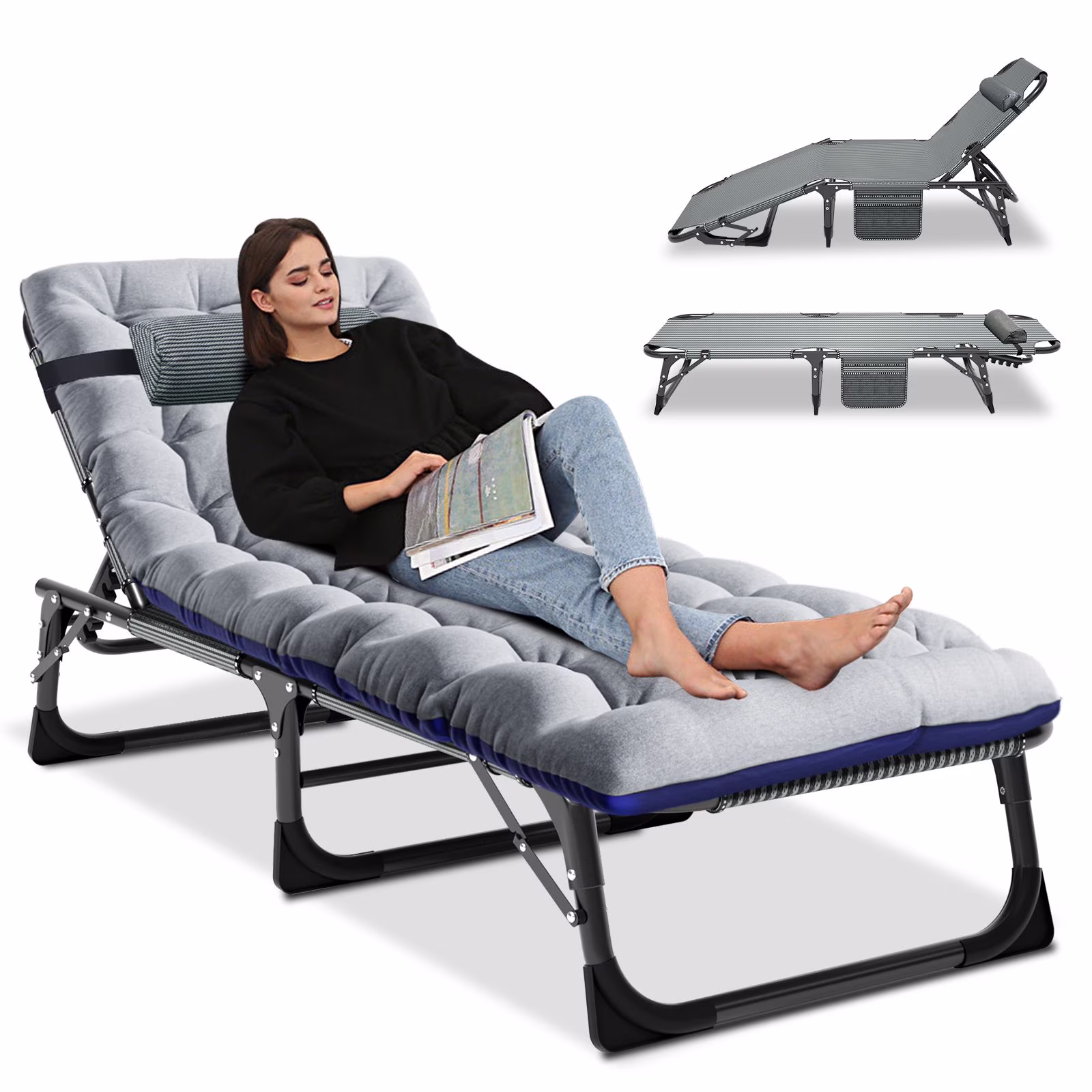 MOPHOTO Lounge Chair with Mattress, Outdoor Chaise Lounge Support 440 Lbs, Adjustable Portable Heavy Duty Sleeping Cots Bed for Camping, Pool, Beach, Patio - Image 13