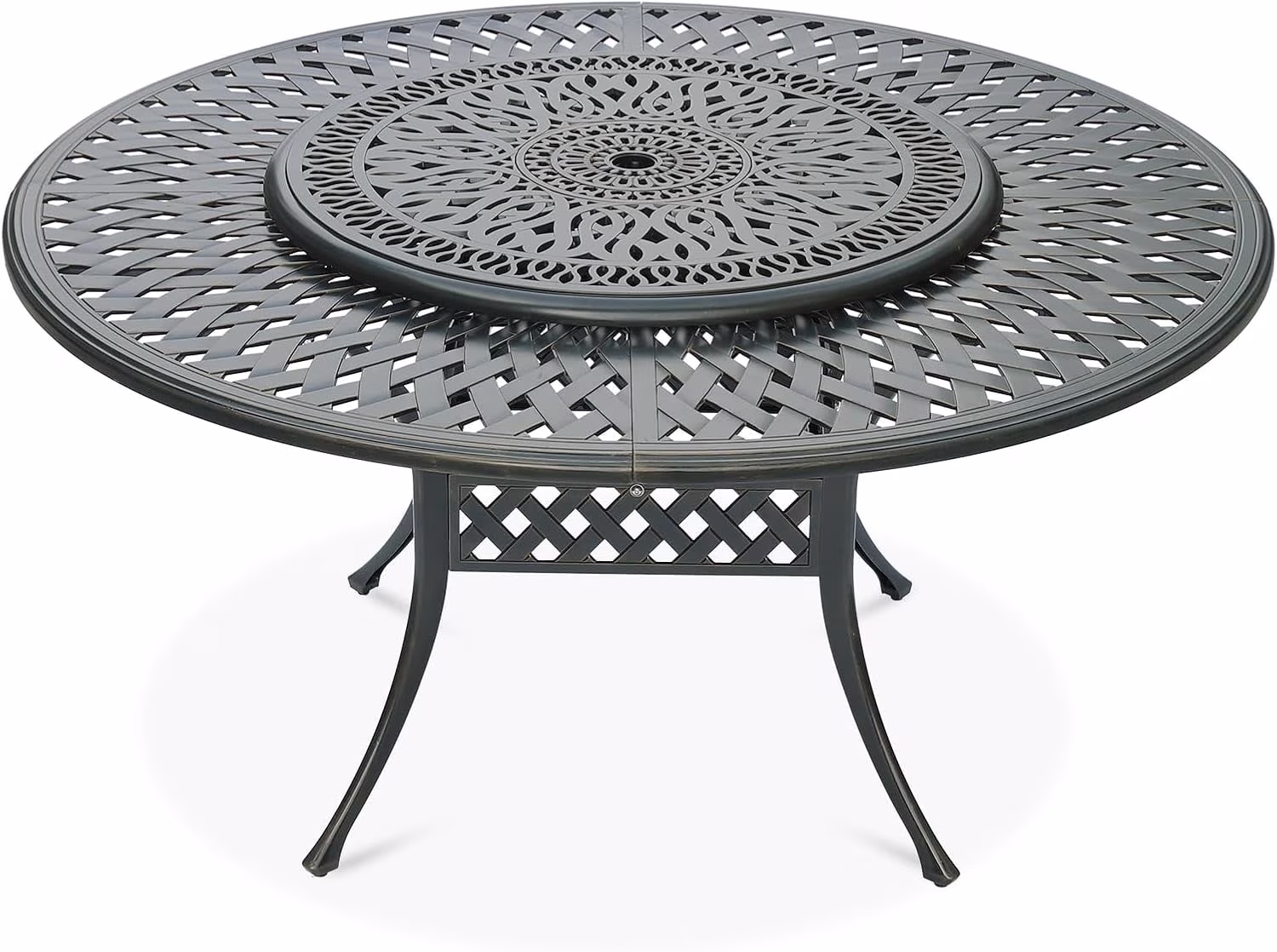 VIVIJASON Outdoor 61" Patio Dining Table for 6-8 Person, Large Patio Round Dining Table with 24" Lazy Susan, Dark Bronze Cast Aluminum Rustic Patio Table W/Umbrella Hole for Balcony, Porch and Deck - Image 3