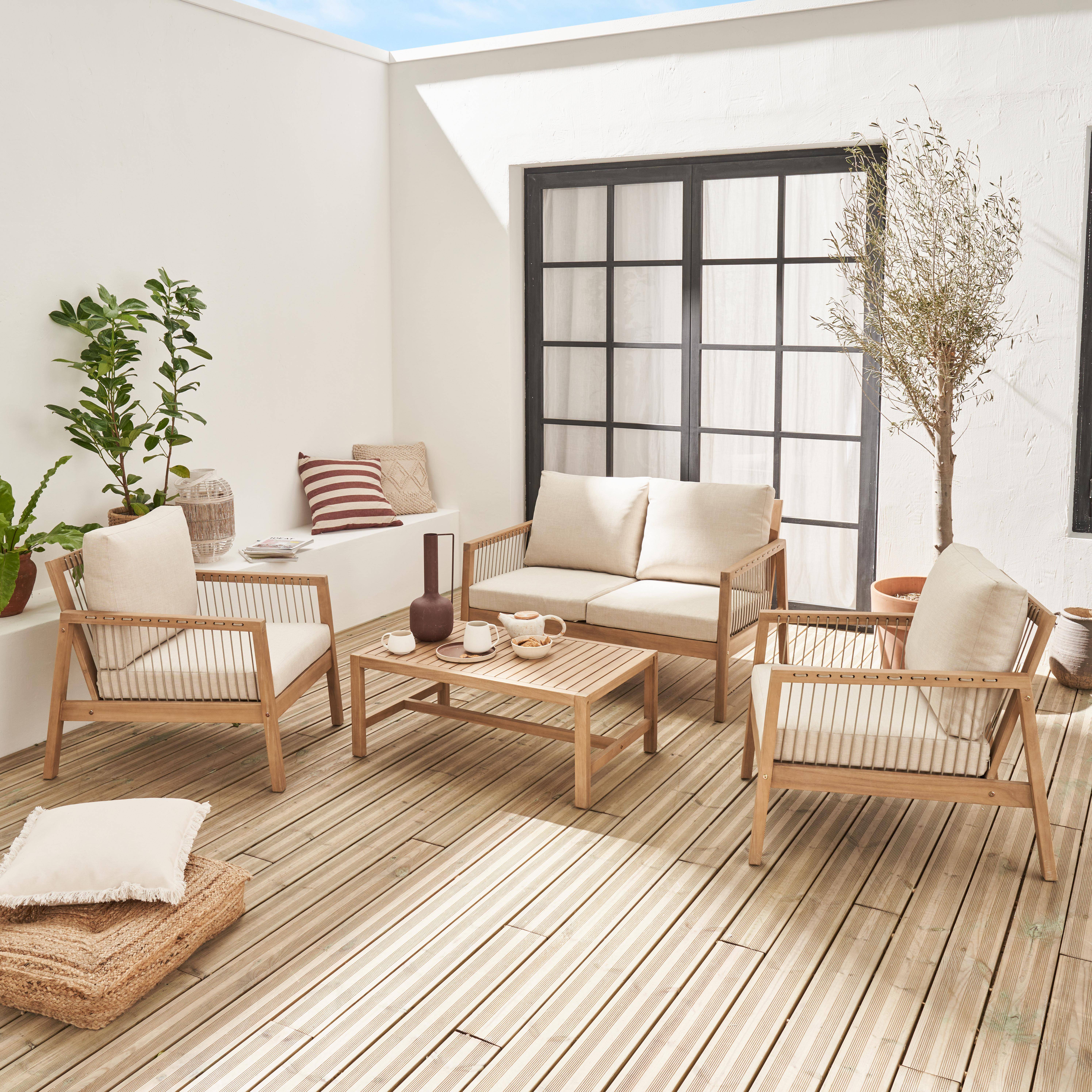 Aliste - Conjunto  de jardín de madera clara y cuerda, 4 plazas
