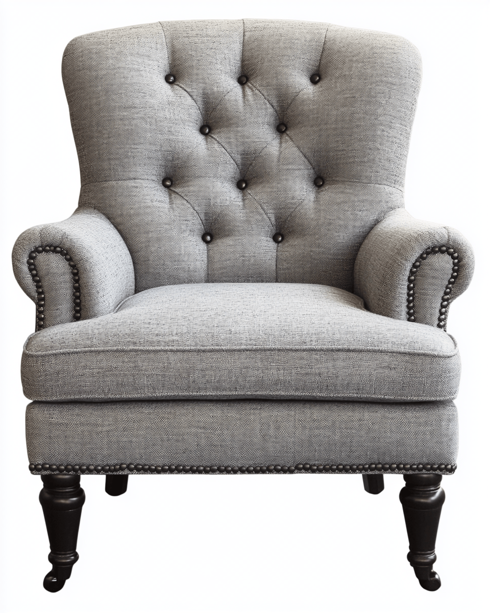 Sillón tapizado gris con capitoné y tachuelas decorativas