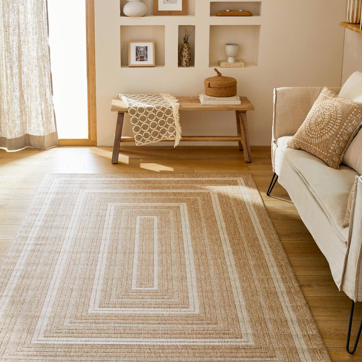 Daymo - Alfombra interior/exterior efecto tela de yute beige con motivos