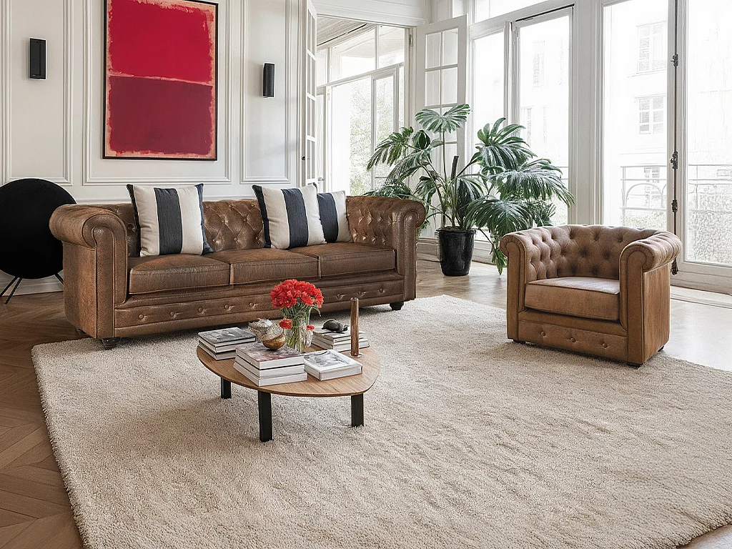Sofá 3 plazas y Sillón CHESTERFIELD de microfibra envejecida