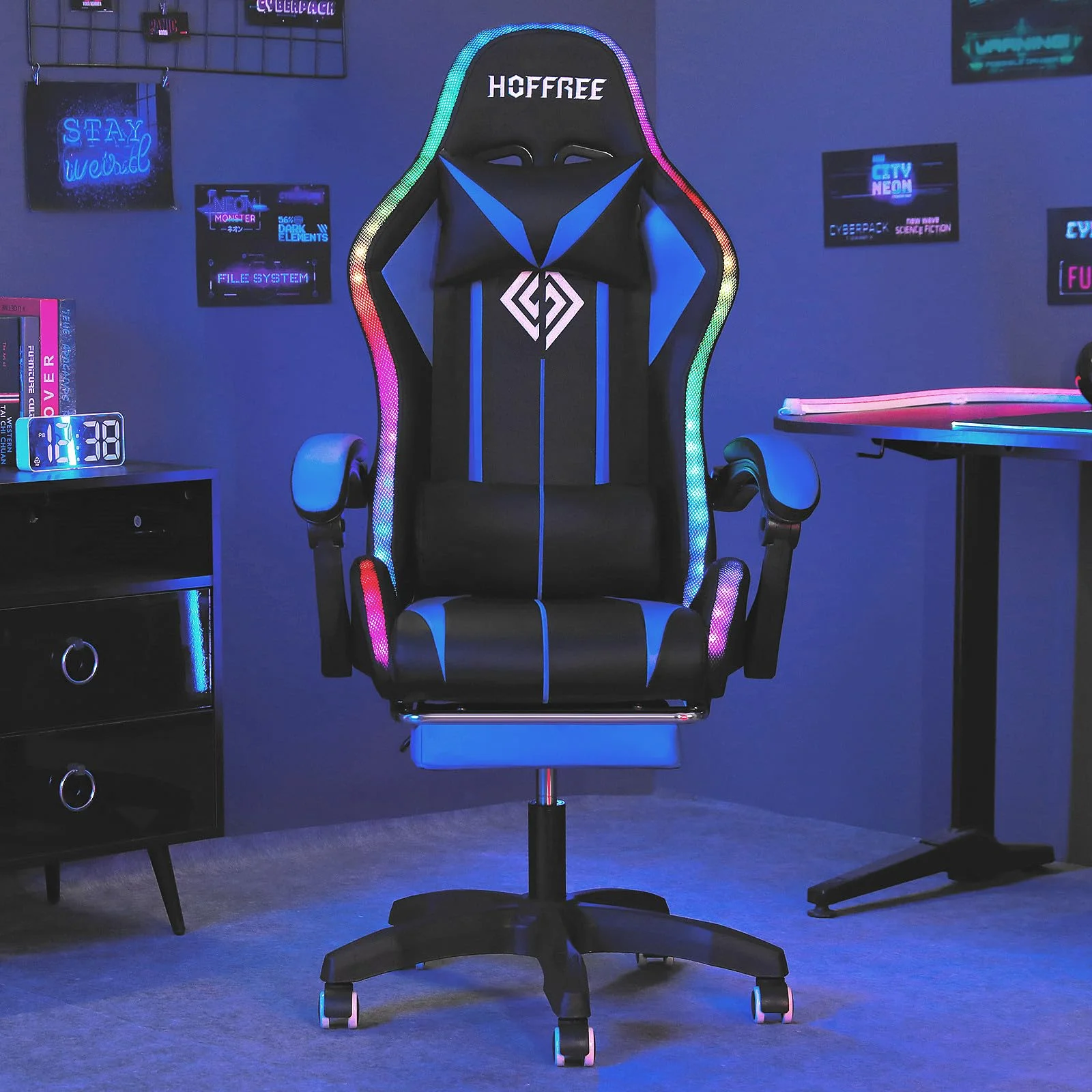 RGB Gaming Chair with Speakers Massage Computer Gaming Chair with LED Lights and Footrest High Back Video Game Chair for Adults Blue and Black - Image 4