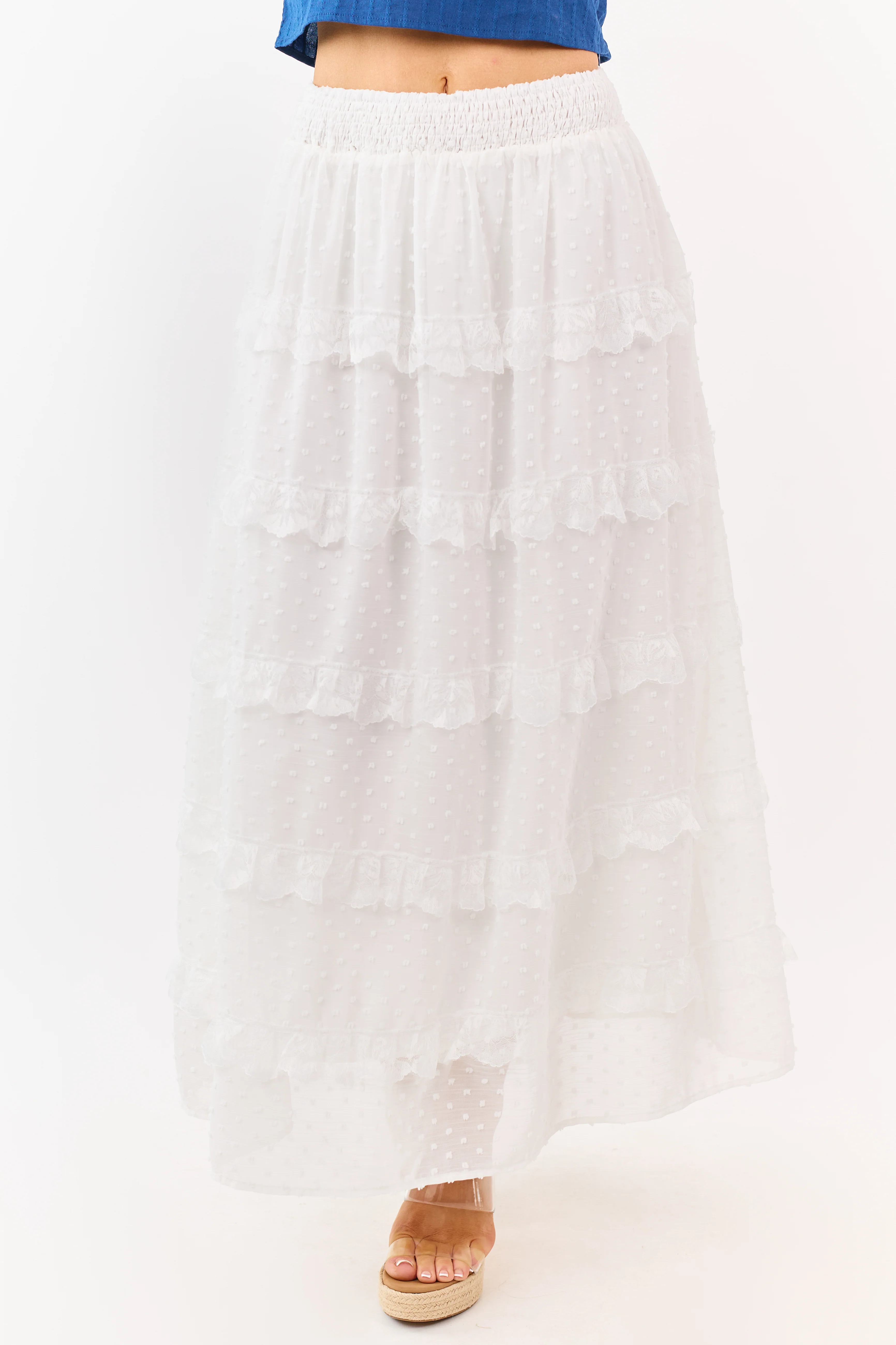 Lovelo Off White Lace Swiss Dot Chiffon Maxi Skirt