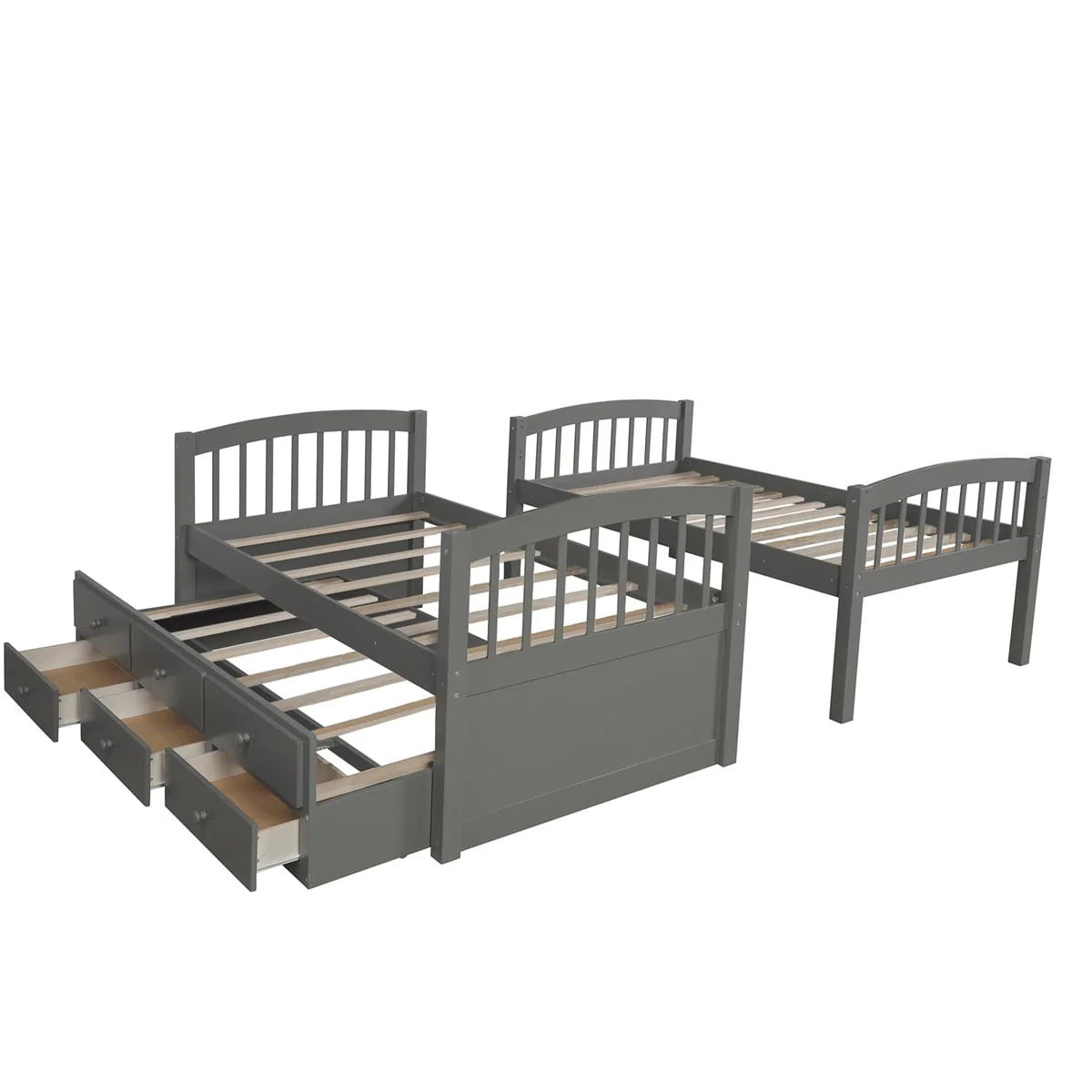 Twin-Over-Twin Bunk Bed with 3 Storage Drawers, Twin Bunk Bed Frame with Ladder & Safety Rail, Pinewood Trundle Bunk Bed for Teen Bedroom, Guest Room Furniture, Can be Convertible to 2 Beds, Gray - Image 5