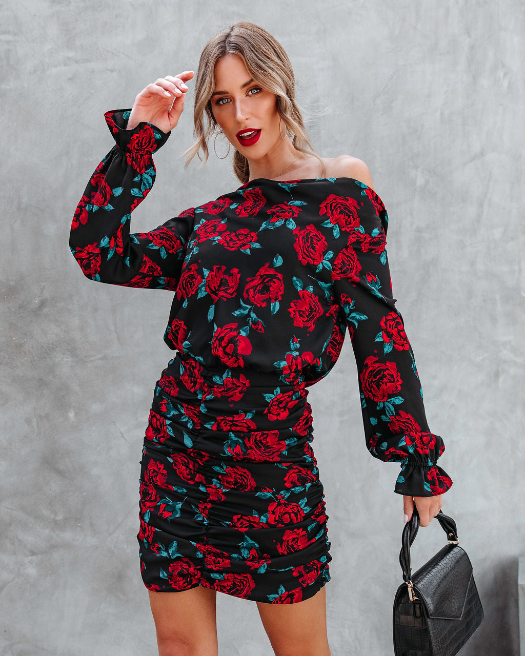 Barcelona Floral Ruched Cowl Neck Mini Dress - Se7enfashion