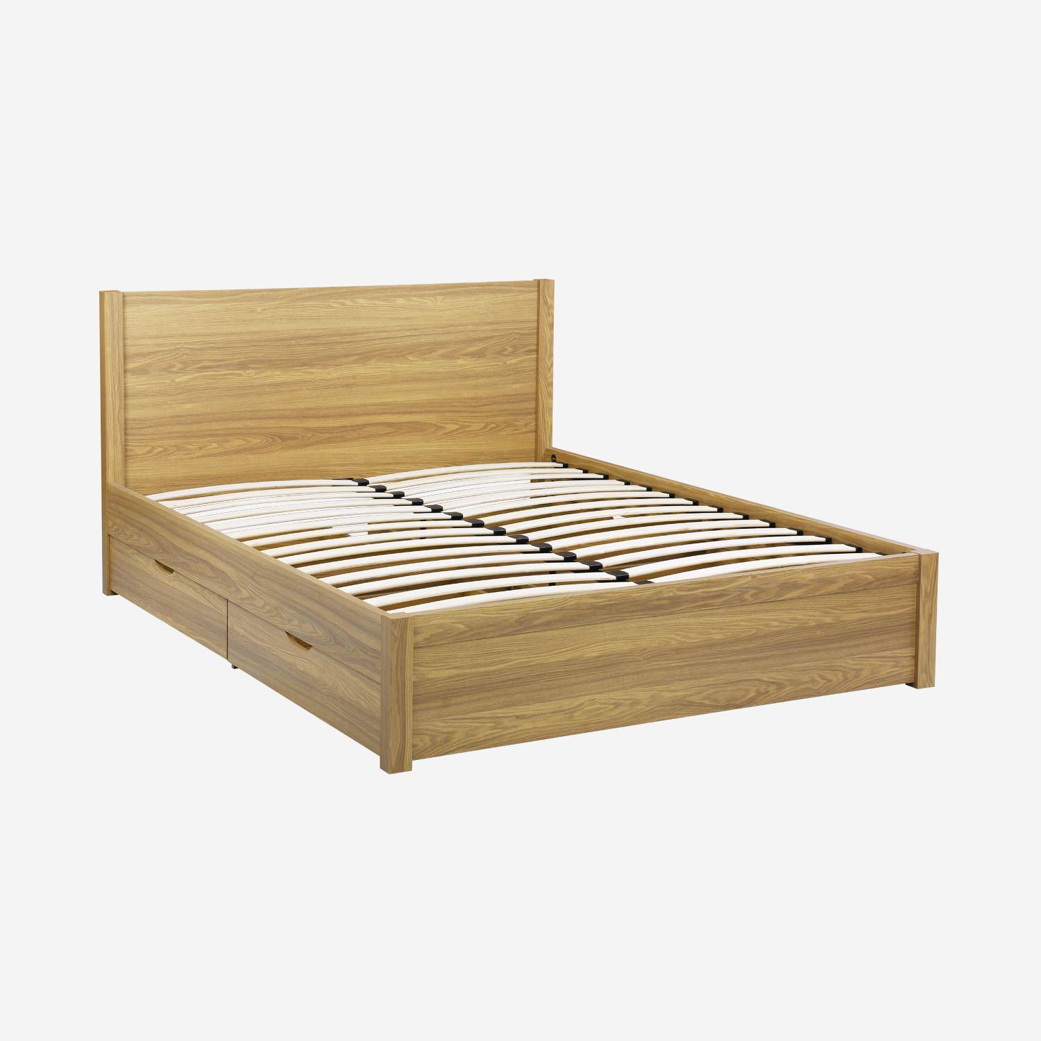 Nepal - Cama con somier de láminas y cabecero, 160x200cm + 4 cajones decorativos de madera