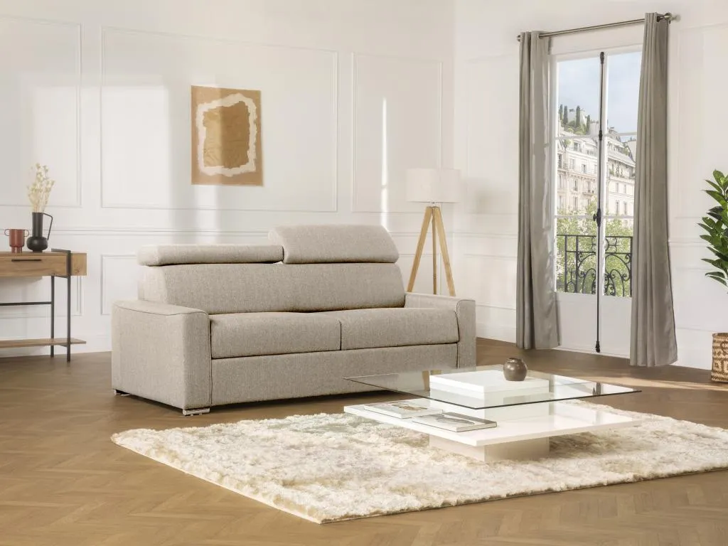 Sofá cama de 3 plazas de tela de apertura rápida Mueblestop - Beige - Somier de láminas de 140 cm - Colchón de 14 cm con memoria de forma LMLI18911
