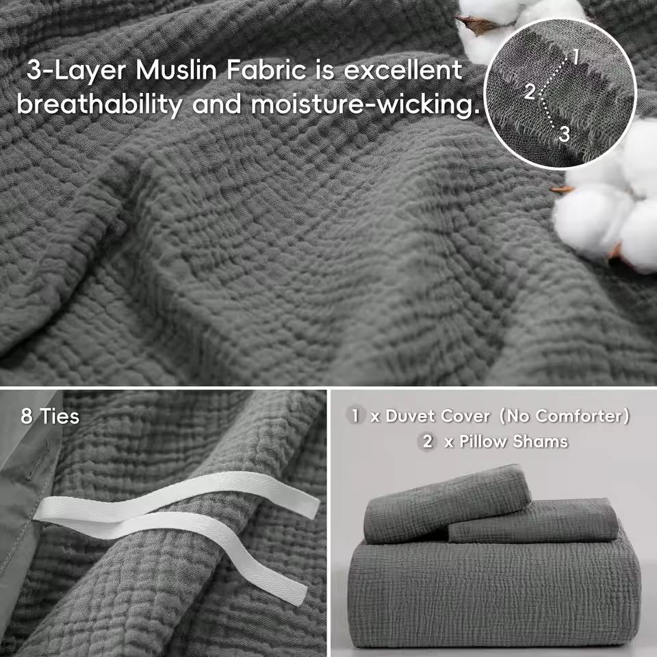 Modern Style 3-Piece 100% Cotton Muslin Comforter Bedding Set Soft Breathable Skin Friendly for Bedroom