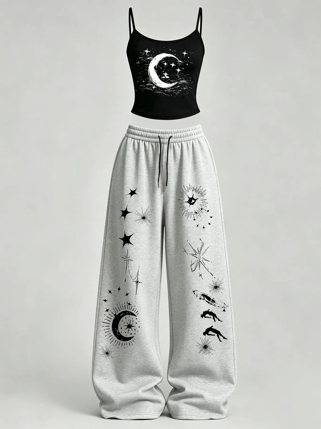 Women's Casual Home Wear Set, Star Moon Print Slim Fit Top + Loose Baggy Pants TeeThreads Sustain the Scene with Custom Apparel