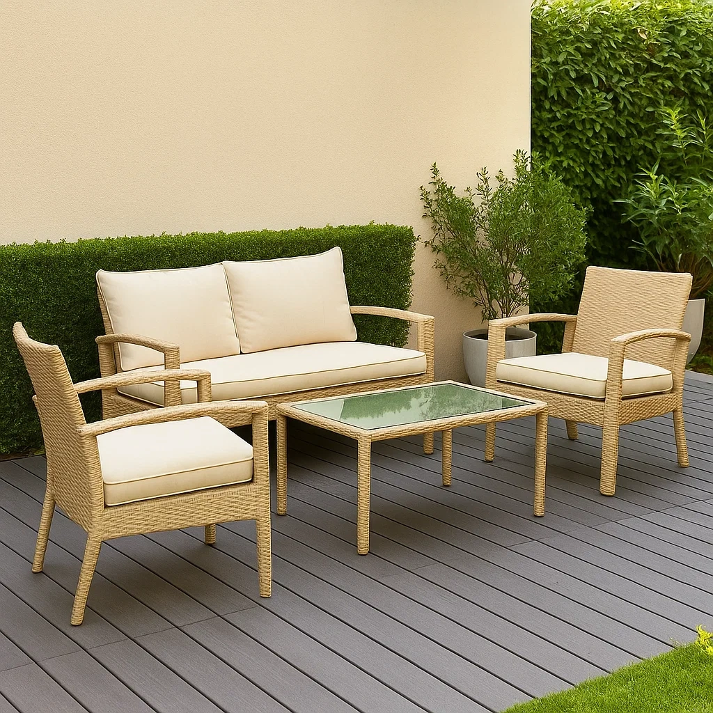 Muebles de salón para jardín 4 asientos,madera beige,sofá de 140x70x75 cm,sillas de 70x70x75 cm,mesa de 80x40x40 cm,cojines beige,instalación exterior para patio o terraza - KdLKtWKv3Kp3