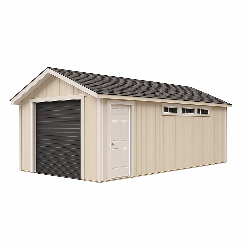 Garaje de madera, espacio exterior para vehículos y herramientas, beige claro