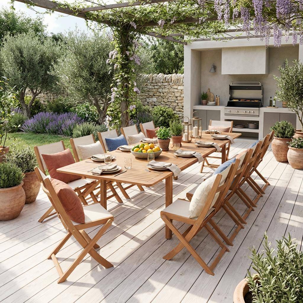 Arbo + Almeria - Conjunto mesa de jardín extensible de madera de eucalipto con 12 sillas