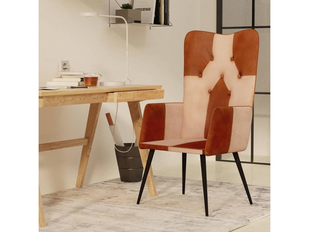 Sillón orejero cuero auténtico marrón y crema
