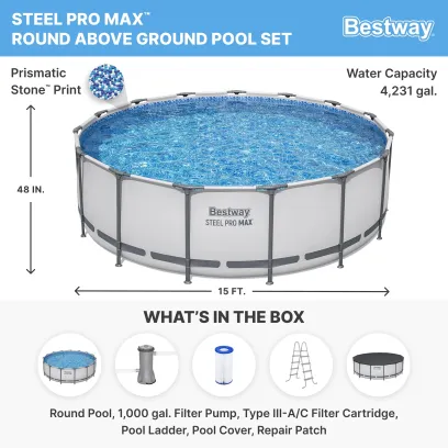 Bestway: Steel Pro MAX 15' X 48" Above Ground Pool Set - 4231 Gallon, Outdoor Family Pool, Corrosion & Puncture Resistant, Includes Filter, Pump, Ladder & Cover
