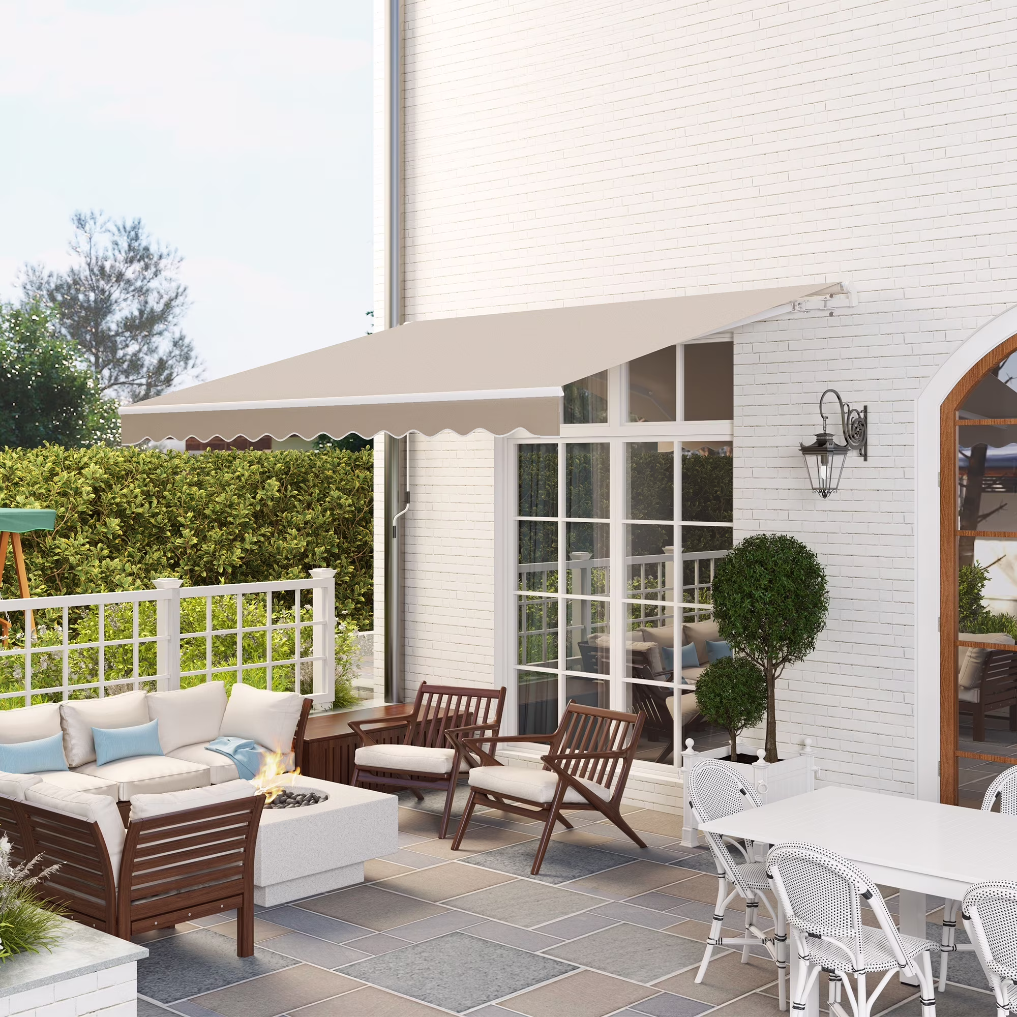 Outsunny 12' x 10' Manual Retractable Awning Outdoor Sunshade Shelter for Patio, Balcony, Yard, with Adjustable & Versatile Design, Beige and White - Image 3