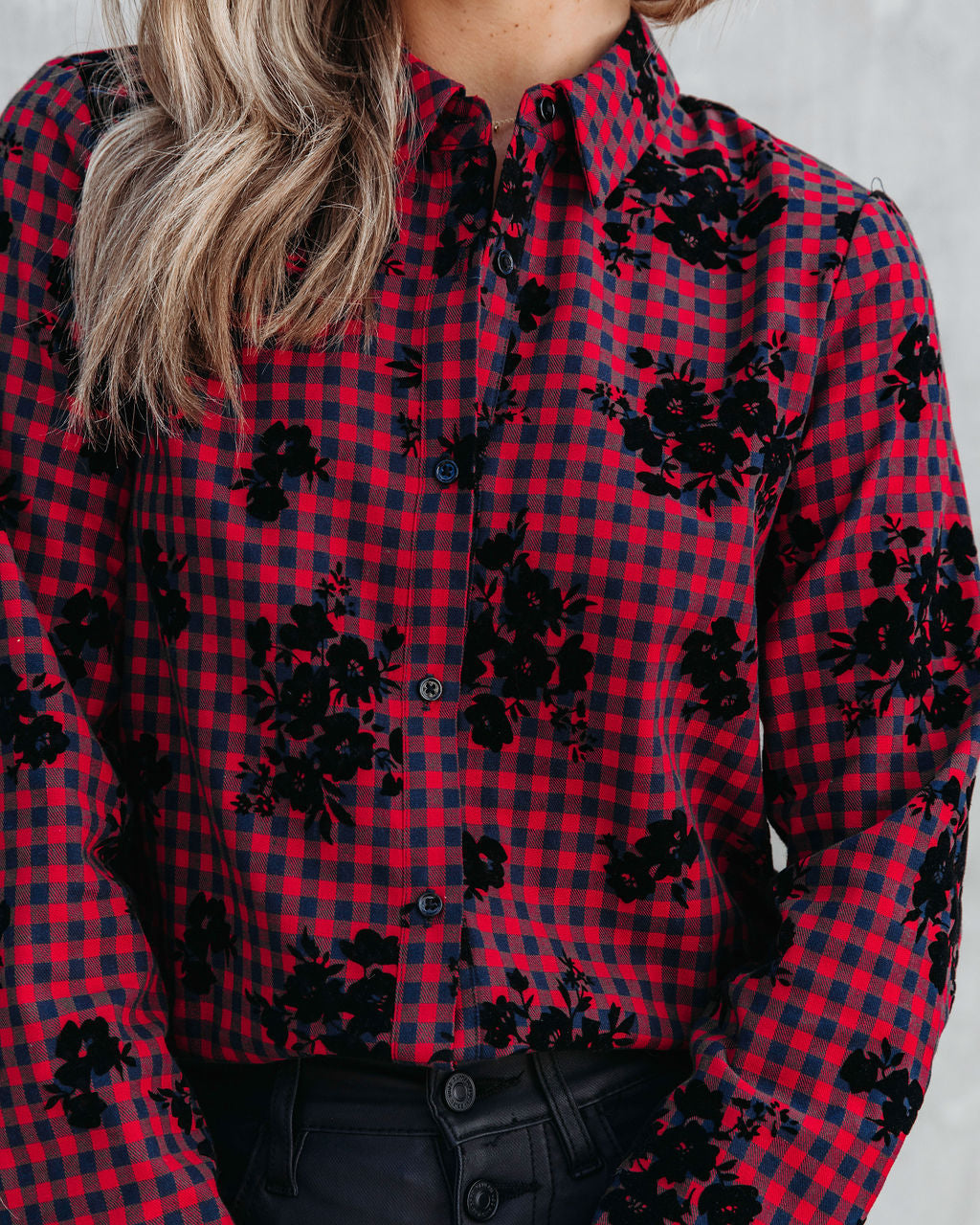 Courtney Checkered Floral Button Down Top - Red - Se7enfashion