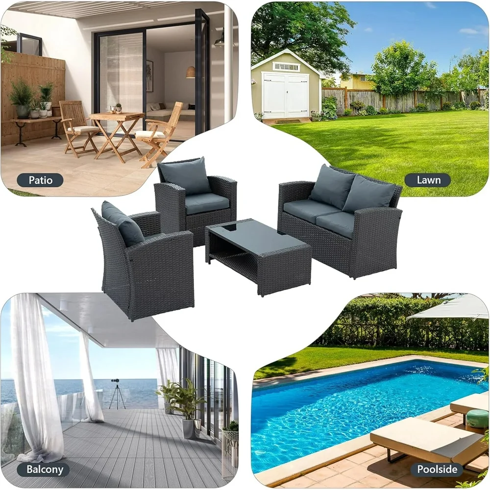 4 Pieces Patio Conversation Set, Outdoor Furniture Set with Cushion, Outside Sectional Rattan Wicker Sofa Furniture Set for Garden, Porch, Backyard, Gray - Image 6