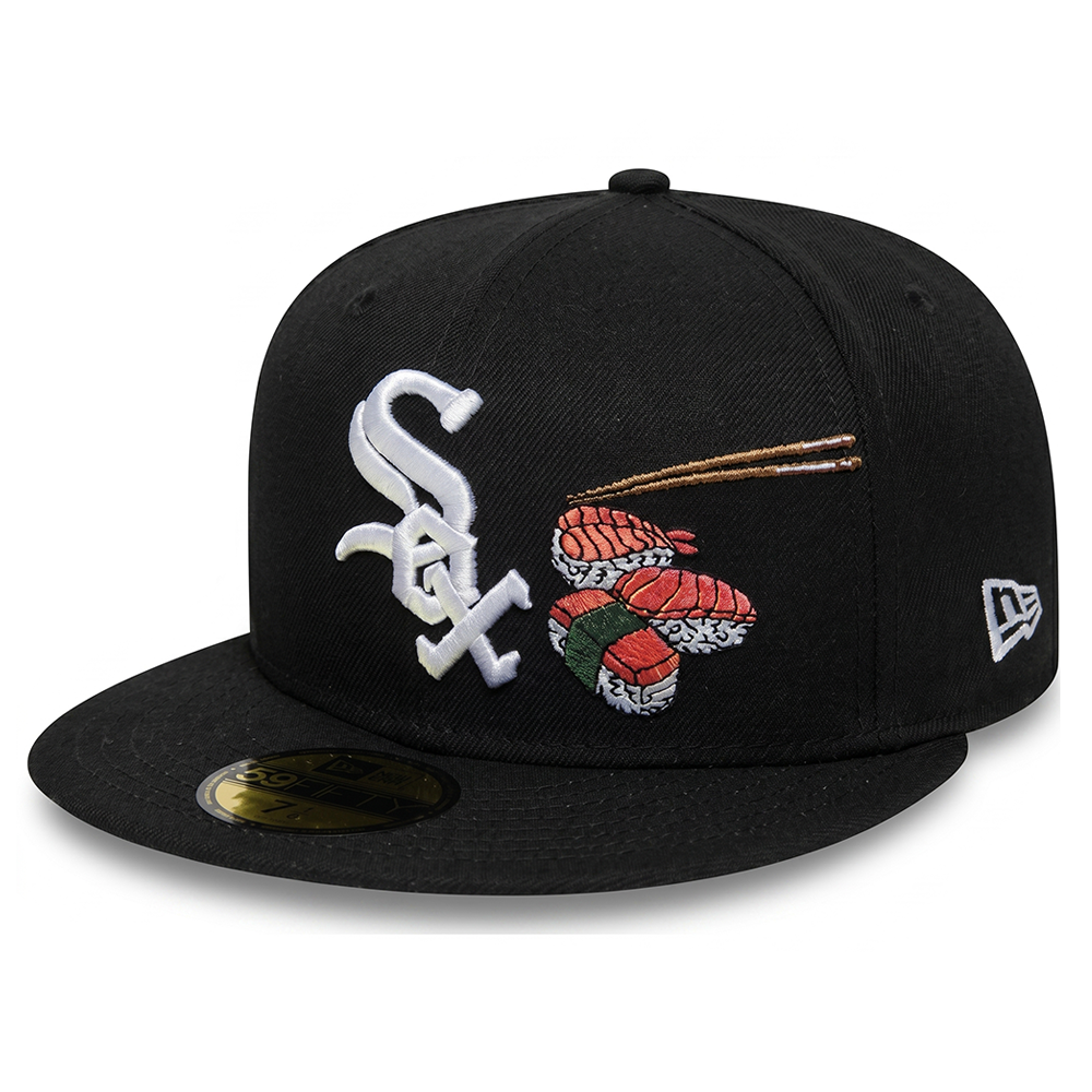 Right side view of the Chicago White Sox Sushi 59FIFTY fitted hat showing custom embroidery of soy sauce pouring into a blue and white bowl