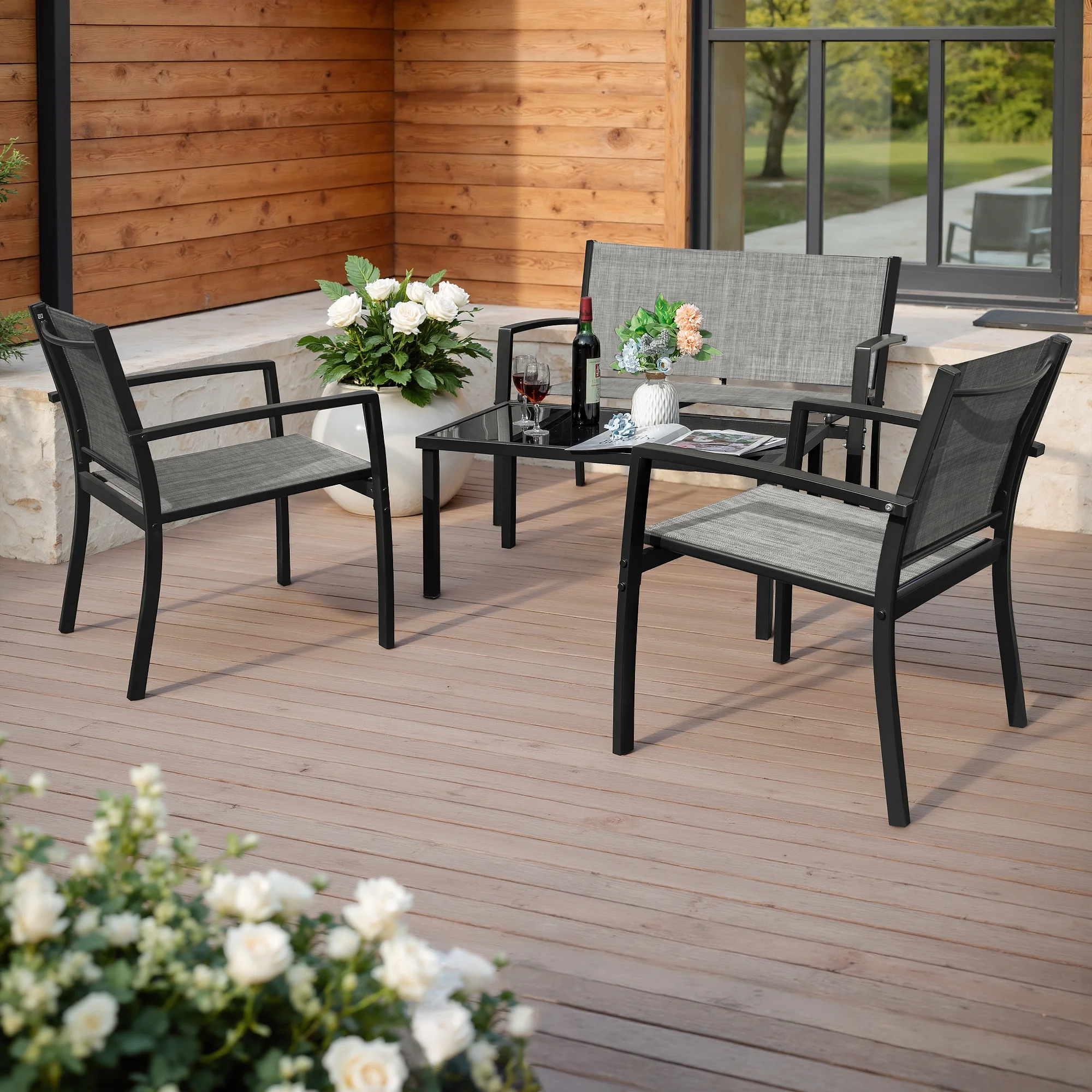 LACOO 4 Pieces Outdoor Furniture Set Patio Textilene Steel Conversation Set with Loveseat Tea Table for Lawn and Balcony, Black - Image 11