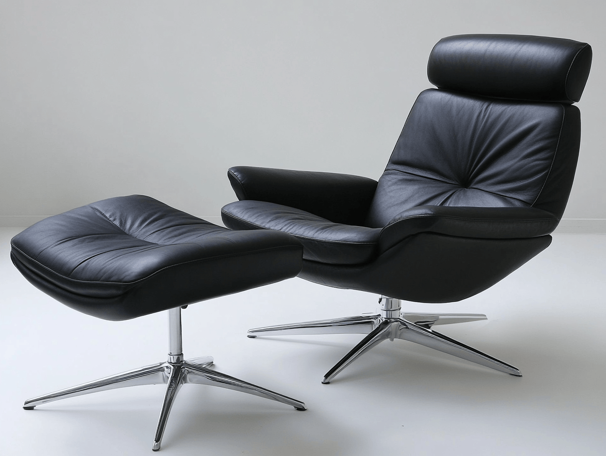 Sillón reclinable giratorio 74×85×106 cm – cuero ecológico negro – con reposapiés a juego – base cromada moderna para oficina o salón
