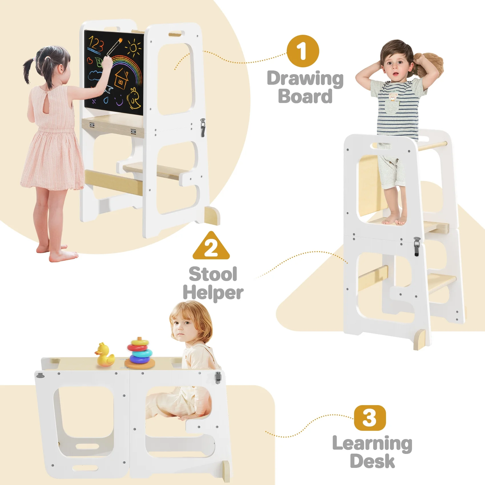 JOZ Kitchen Toddlers Step Stool, Montessori Kids Learning Stool, Foldable Toddler Tower for Counter, Standing Helper for Children, 3 Adjustable Heights, Wooden, White - Image 18