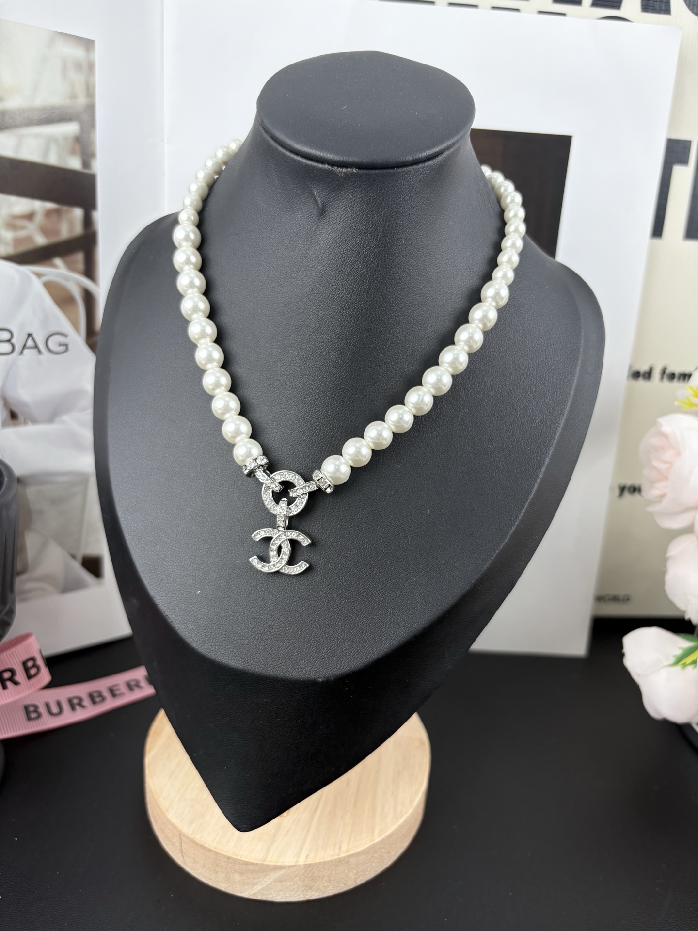 Chanel Pearl Necklace with Diamond Paved CC Pendant - Original Replica Club