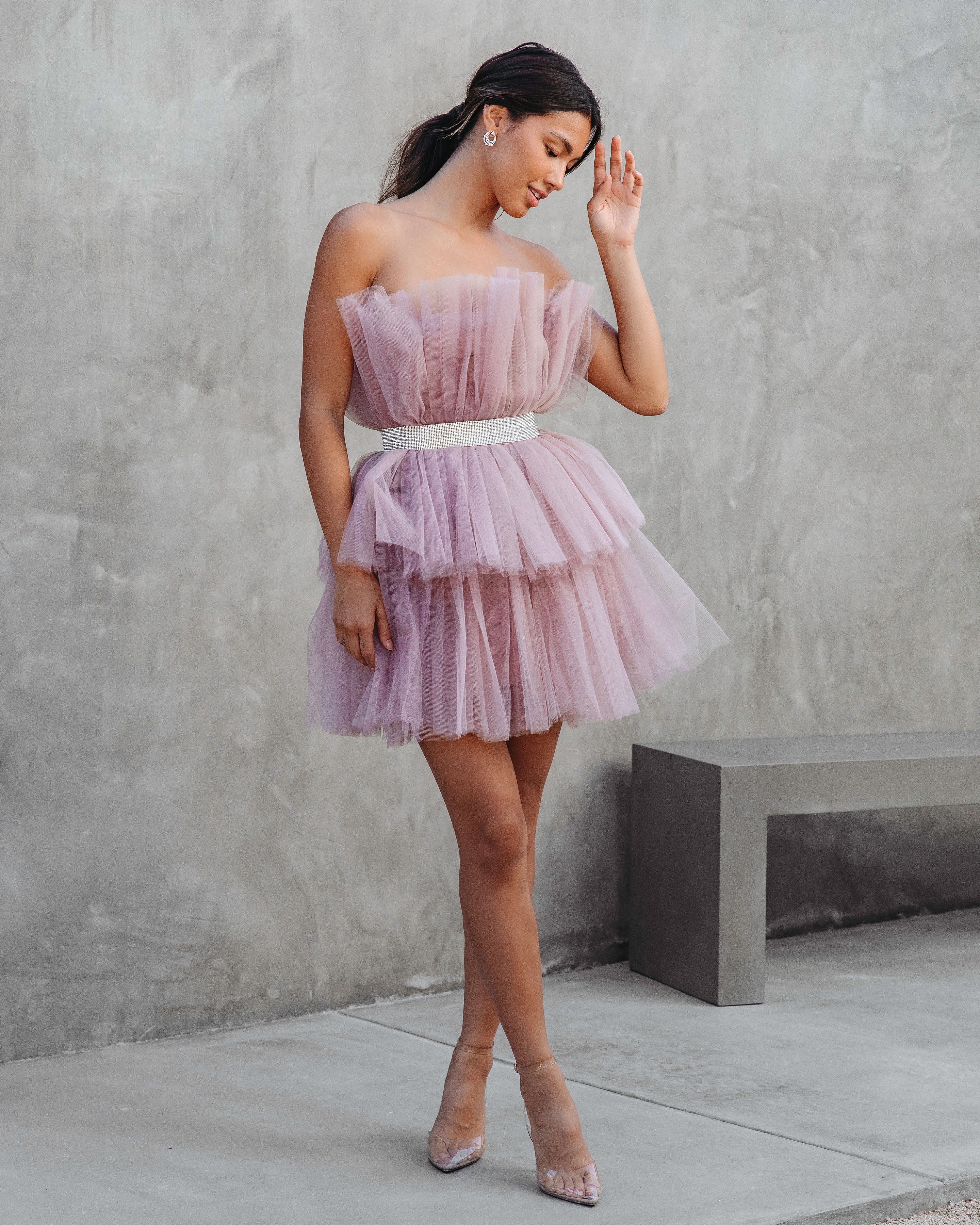 Beauty Queen Strapless Tiered Tulle Embellished Mini Dress - Dusty Lavender - Se7enfashion