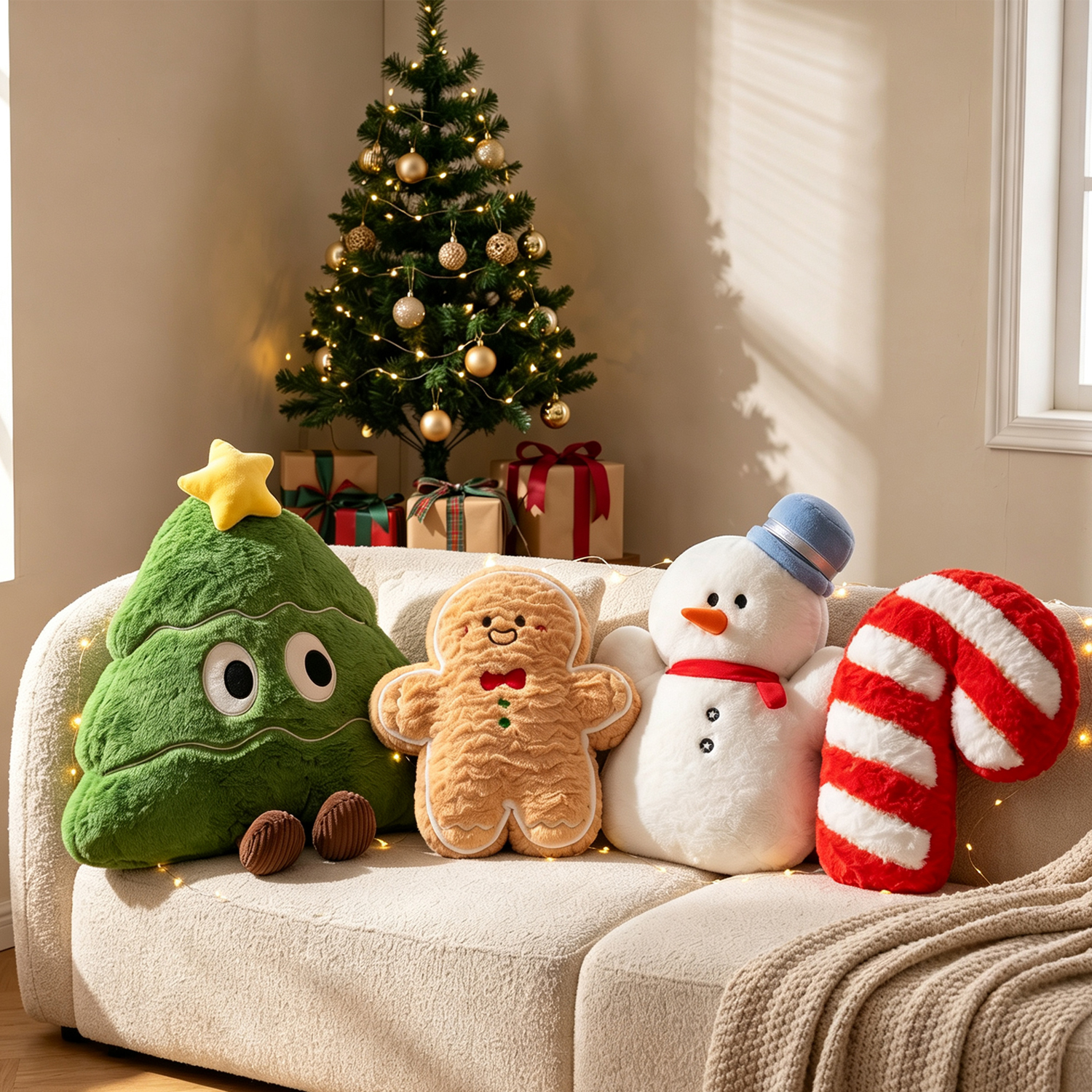 Christmas Shaped Plush Stuffed Pillow Snowman Tree Candy Cane Decorative Throw Cushion Kids Holiday Xmas Gift