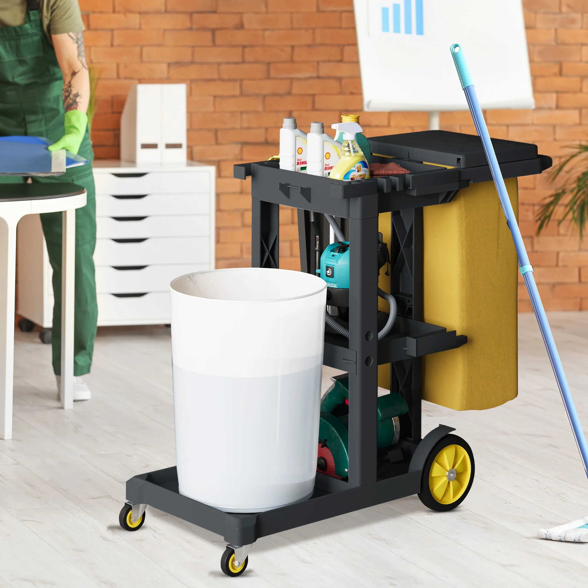 Dextrus Commercial Janitorial Trolley Cleaning Cart, 25 Gallon Capacity with Cover, for Housekeeping & Facility Maintenance, Black - Image 7