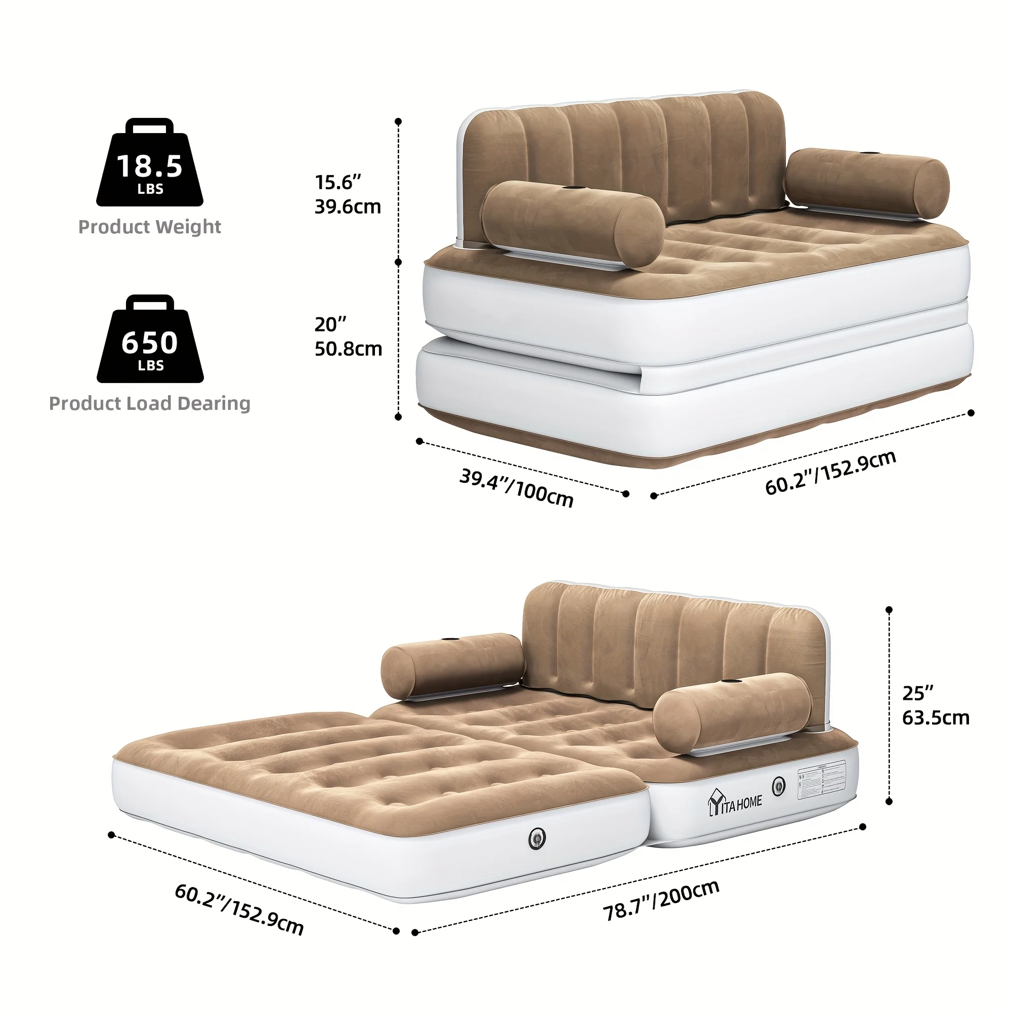 Inflatable Air Sofa Bed 2-in-1 Backrest Couch Airbed With Headboard And Pump Convertible Blow Up Bed Mattress For Home, Camping, And Guests, Living Room Furniture, Queen Size - Image 6