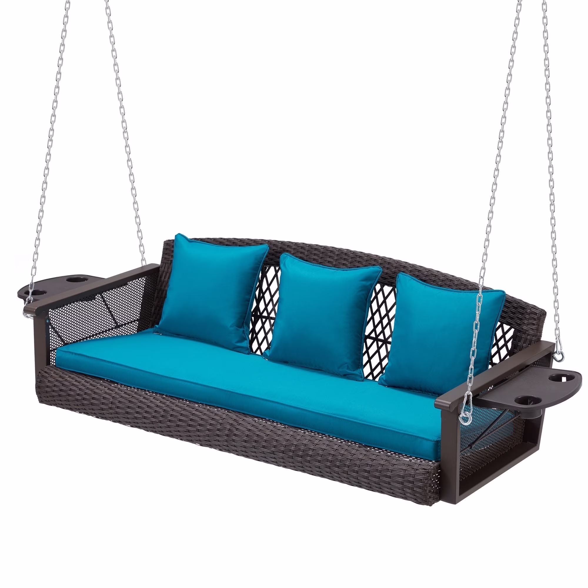 Homrest 3-Person Porch Swing 55in Wicker Hanging Swing Bench with Cushions and Cupholders for Deck, Garden and Backyard, Beige - Image 3