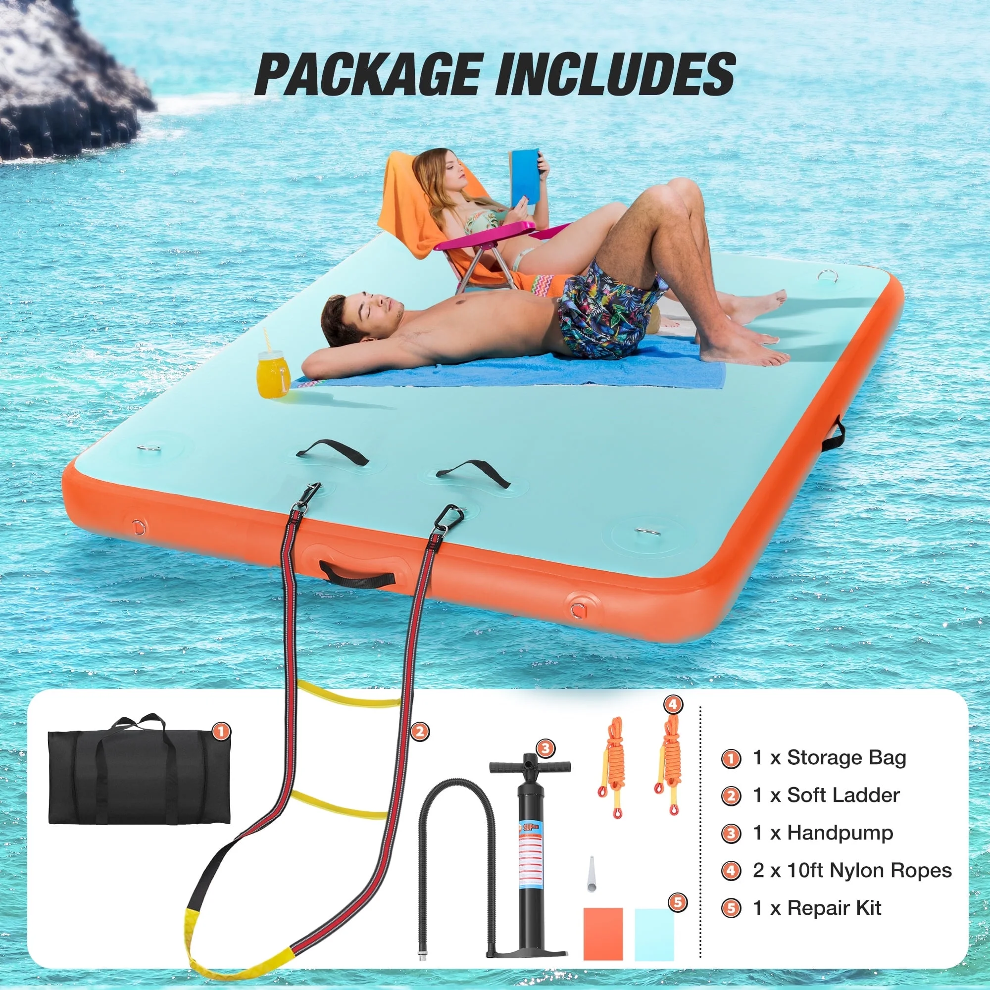 WARMOUNTS Inflatable Floating Dock, 8*6ft Air Inflatable Dock Platform, Non-Slip Water Island Float Raft with Rope Ladder for Ocean Lake River Boat - Image 18